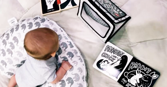 Infant focused on the mirror of Quiggly’s multi-purpose stand, surrounded by sign language and high-contrast illustrated books from Quiggly’s baby toy set