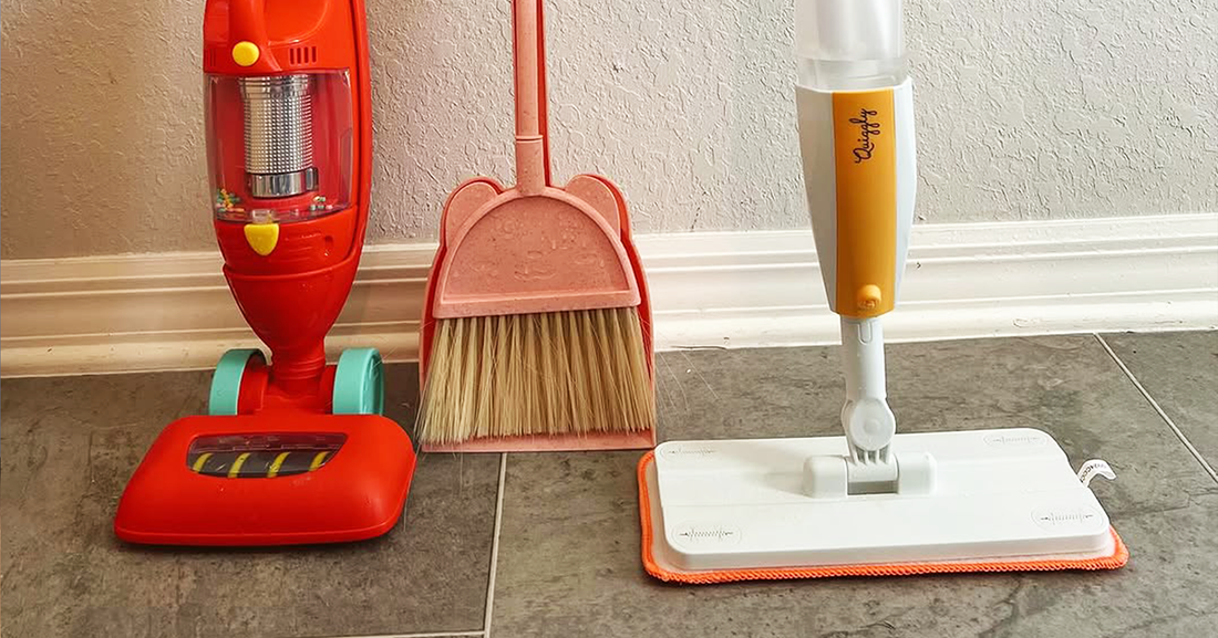 Quiggly toy spray mop compared to other toddler cleaning sets, brooms, and toy vacuums