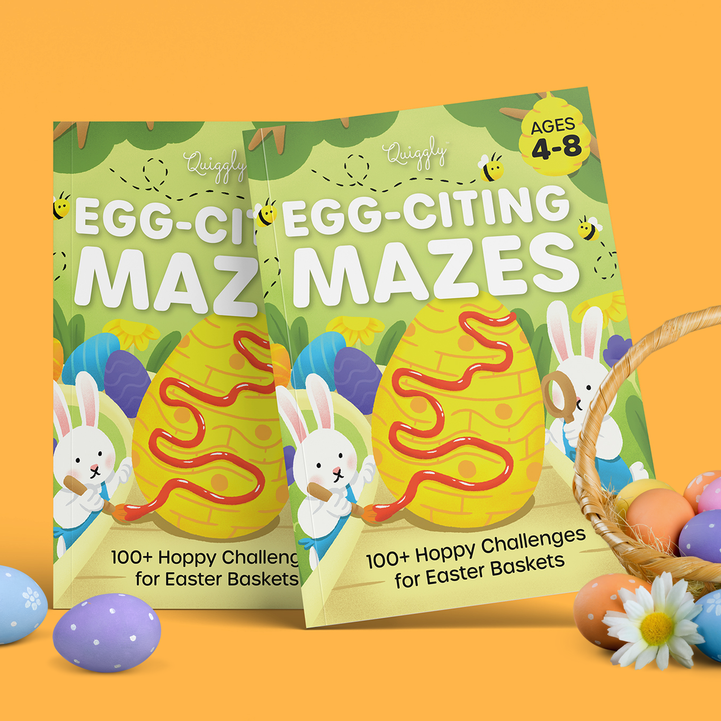 Interactive Easter-themed maze activity book with playful illustrations for ages 4 to 8