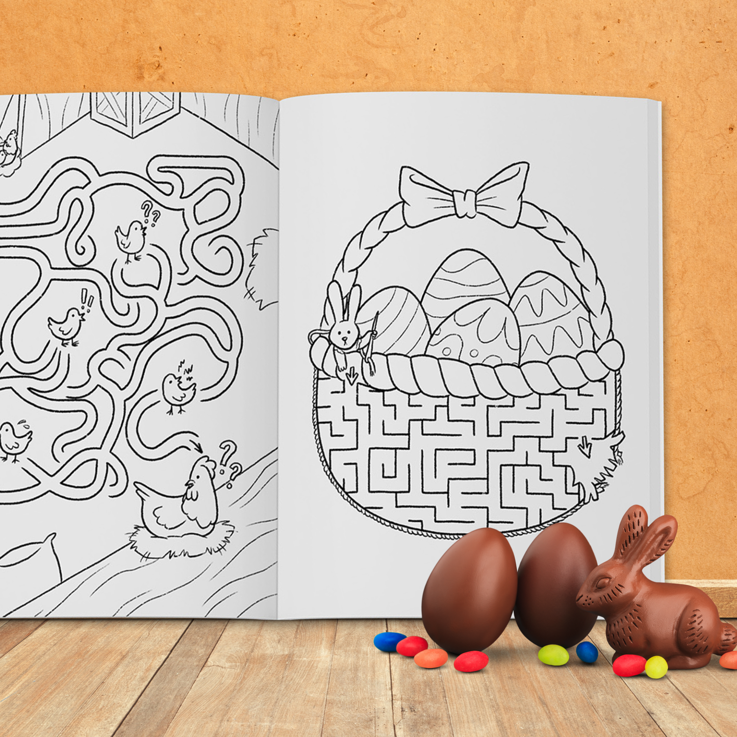 Interactive Easter-themed maze activity book with playful illustrations for ages 4 to 8
