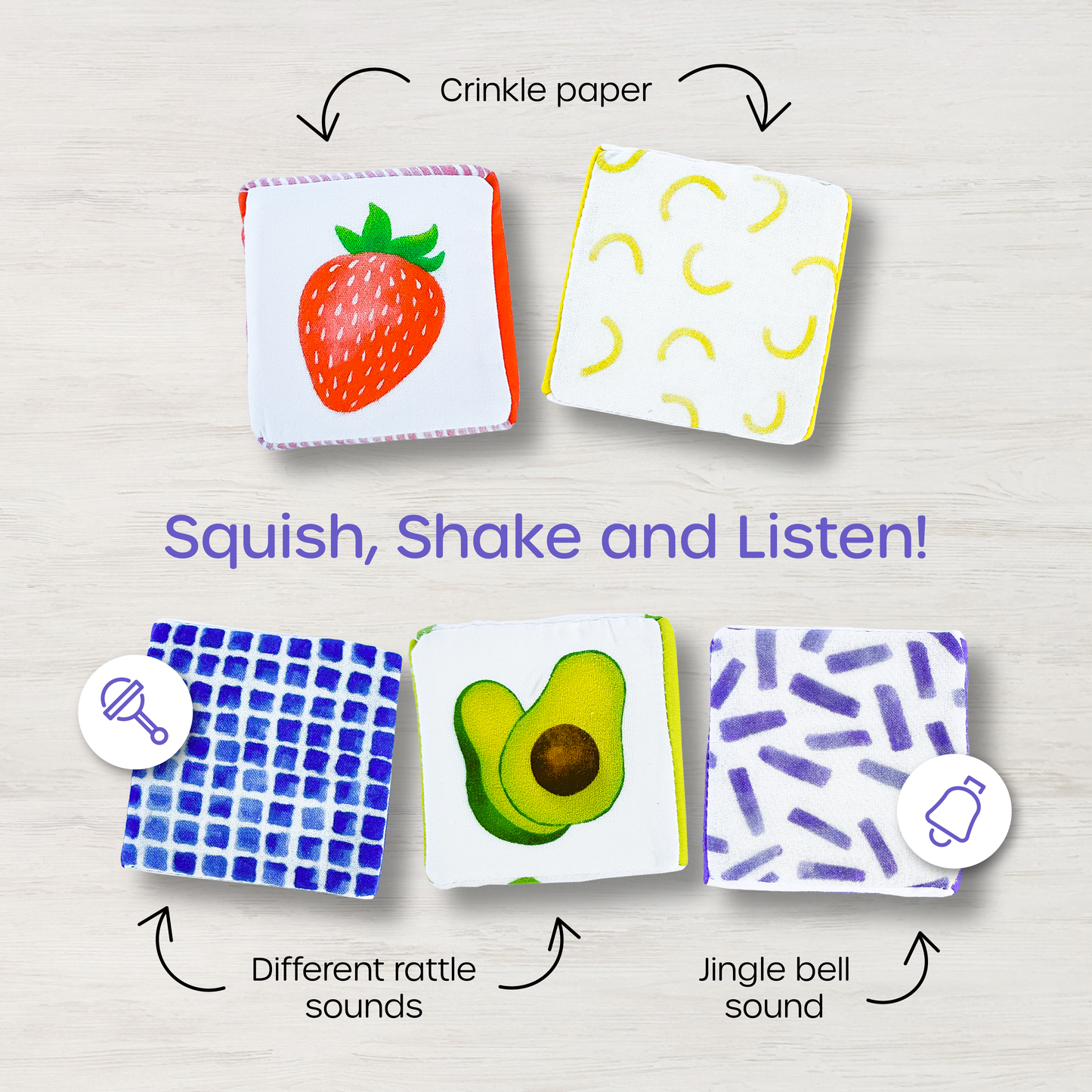 Sensory-rich baby blocks with crinkle, rattle, and jingle sounds for interactive play
