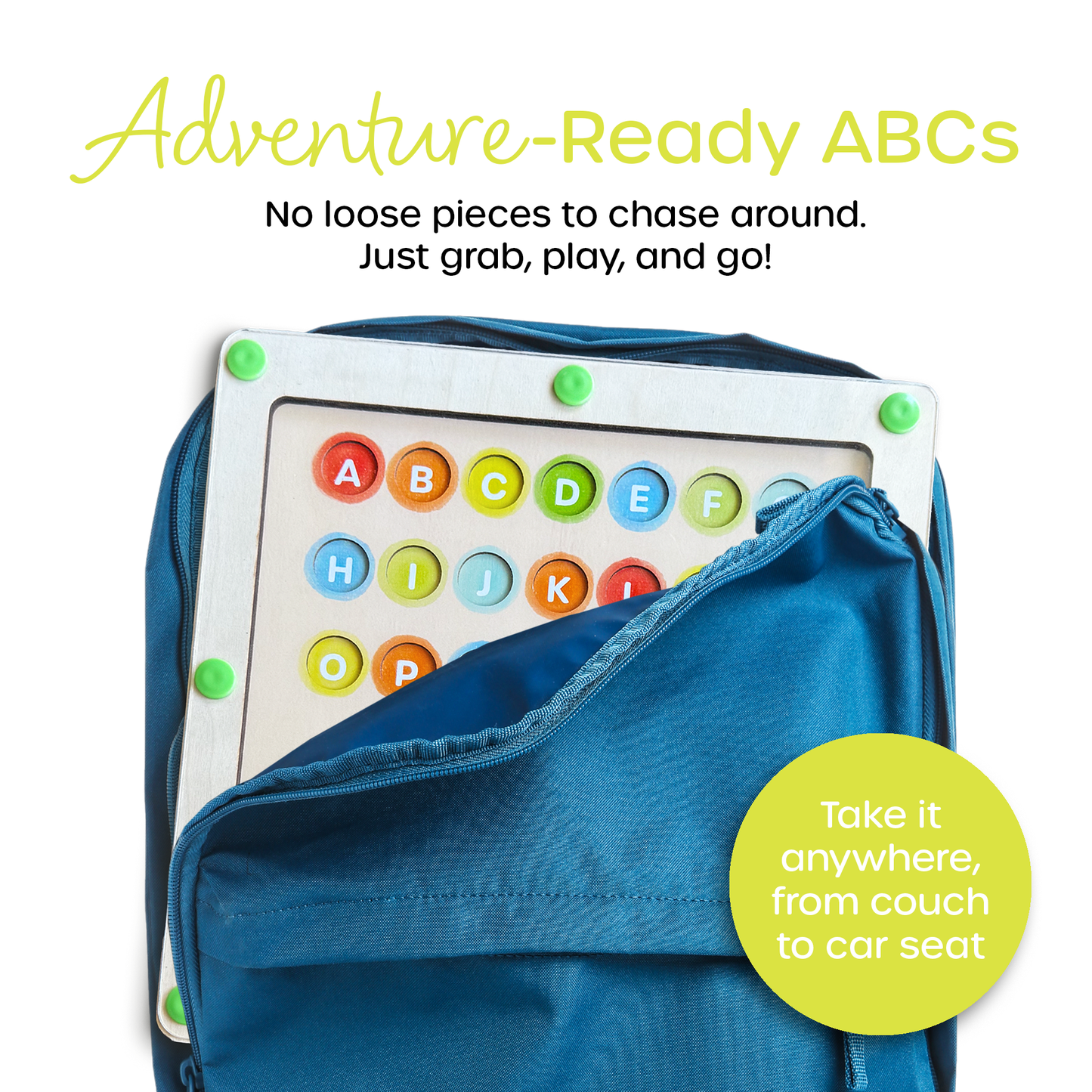 Travel-friendly maze board with no loose pieces, perfect for on-the-go learning play