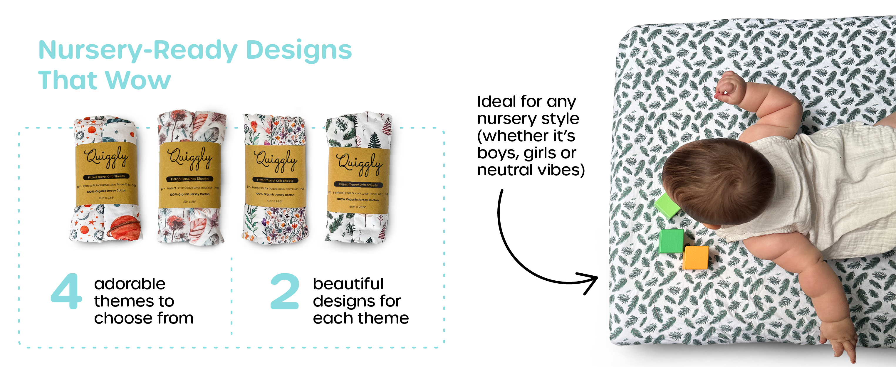 Available in 4 adorable themes, each with 2 unique designs to match any nursery style