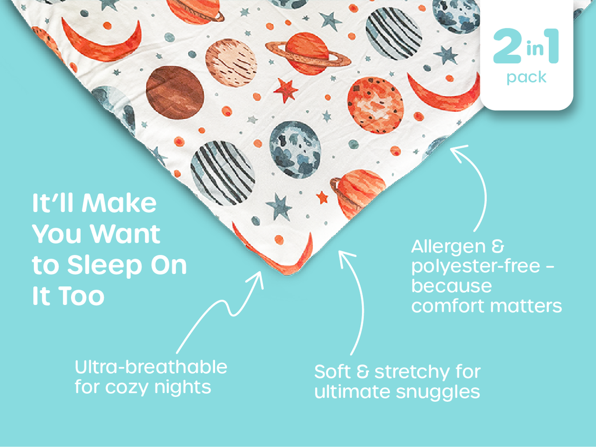 2-in-1 pack of soft, breathable baby sheets for Guava Lotus travel crib and bassinet