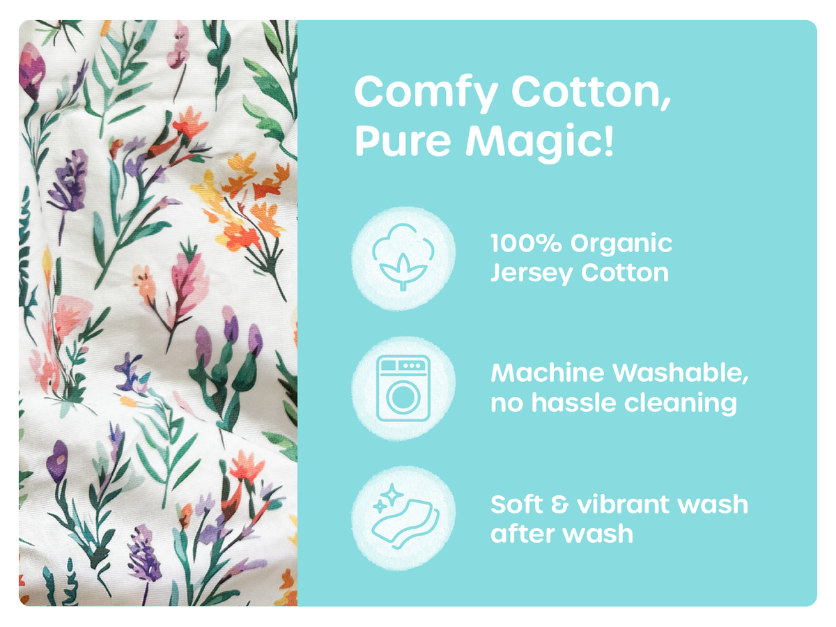 Made from 100% organic jersey cotton, allergen-free, machine washable, and stays soft wash after wash