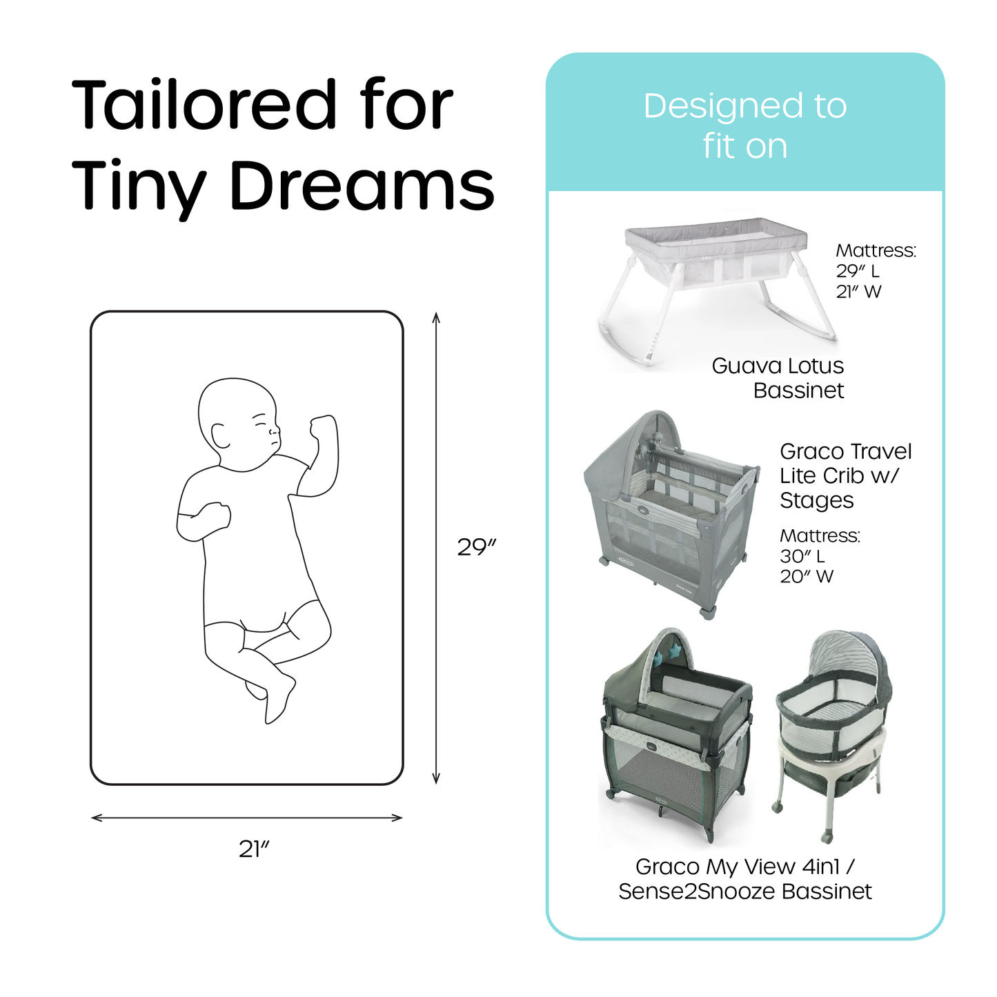 21 x 29 inch crib sheets designed to fit Guava Lotus, Graco, and similar bassinet cribs with a secure snug fit