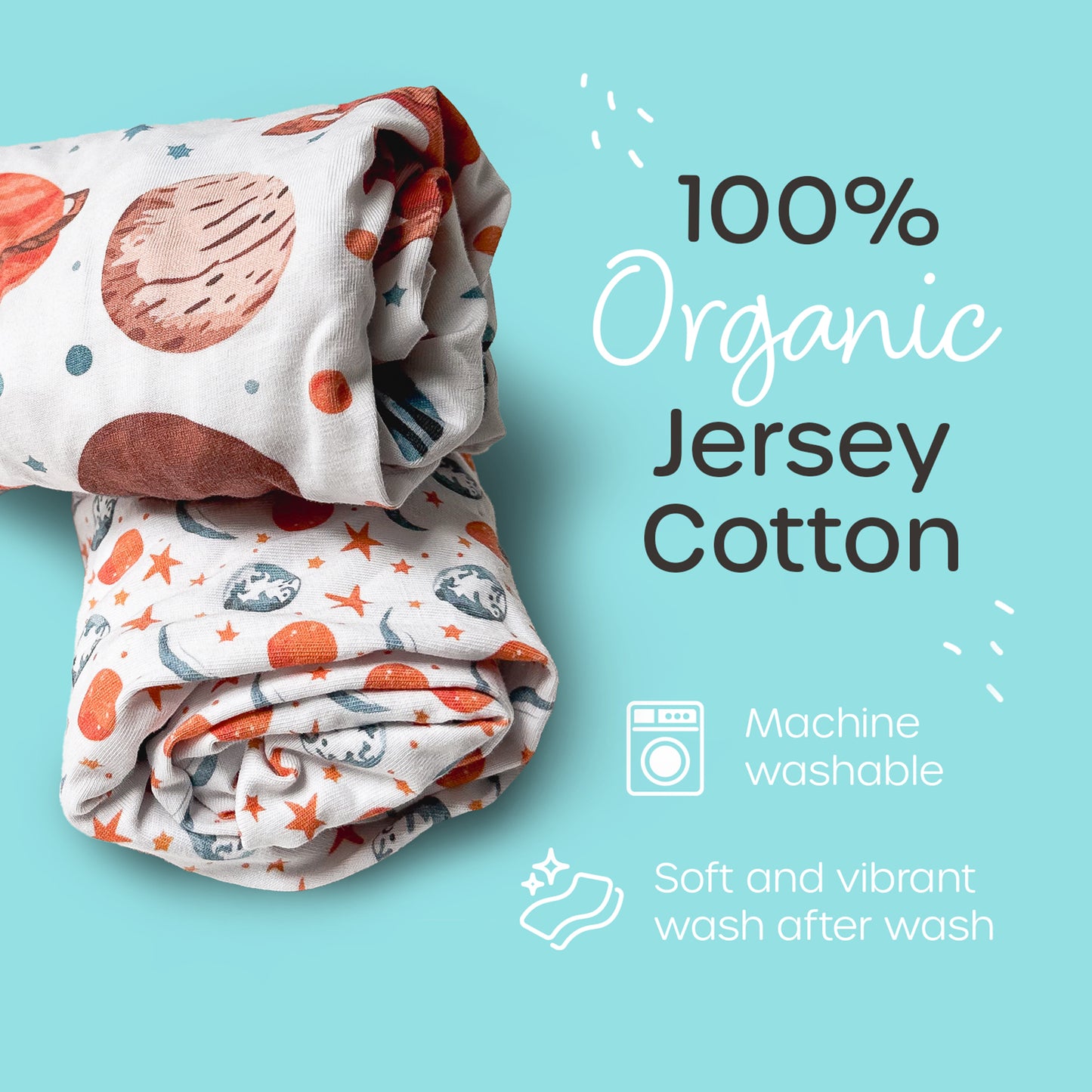 Rolled, beautifully patterned bassinet sheets made from 100% organic jersey cotton - soft, vibrant and machine washable.