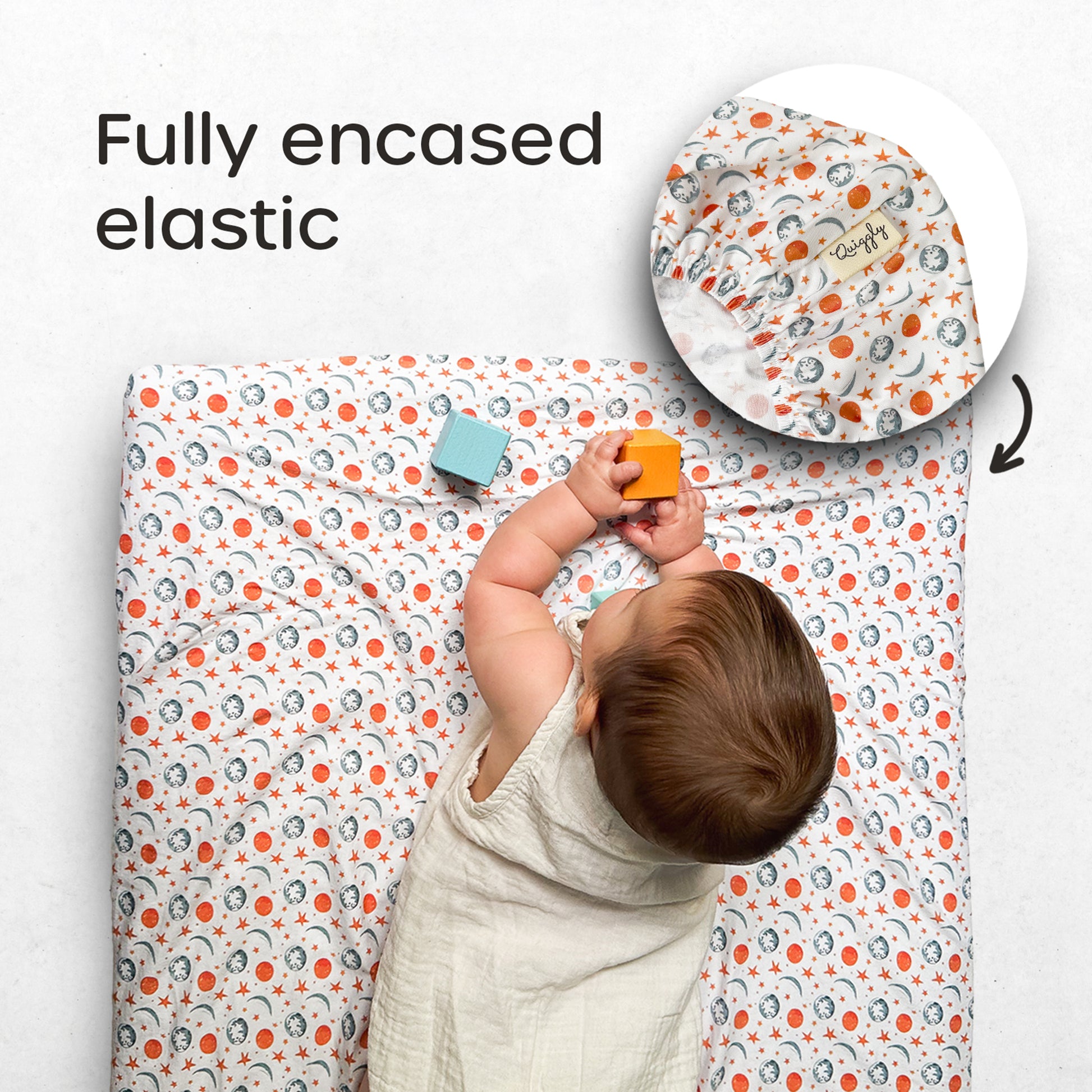 Crib sheet with snug fit for bassinet cribs, featuring fully encased elastic