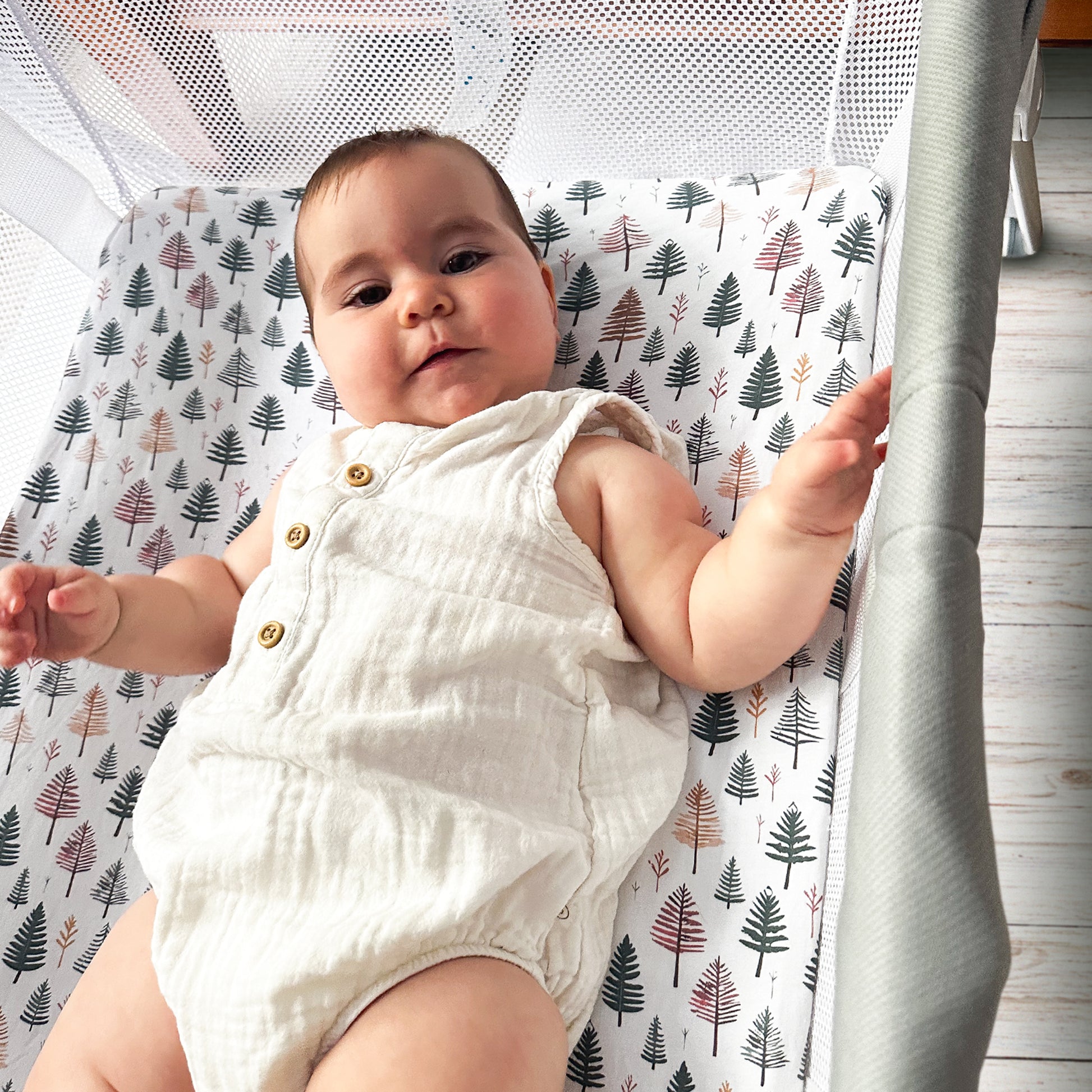 Baby lying comfortably inside Guava Lotus bassinet crib on Quiggly’s soft organic cotton sheet