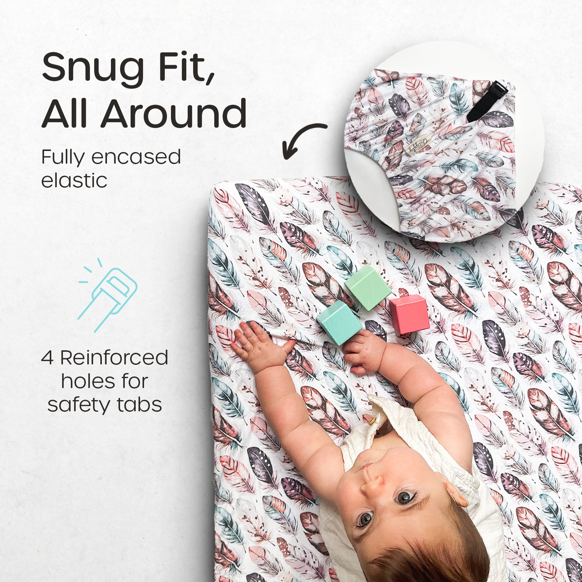 Crib sheet with snug fit for travel cribs, featuring fully encased elastic and reinforced safety tab holes for secure comfort