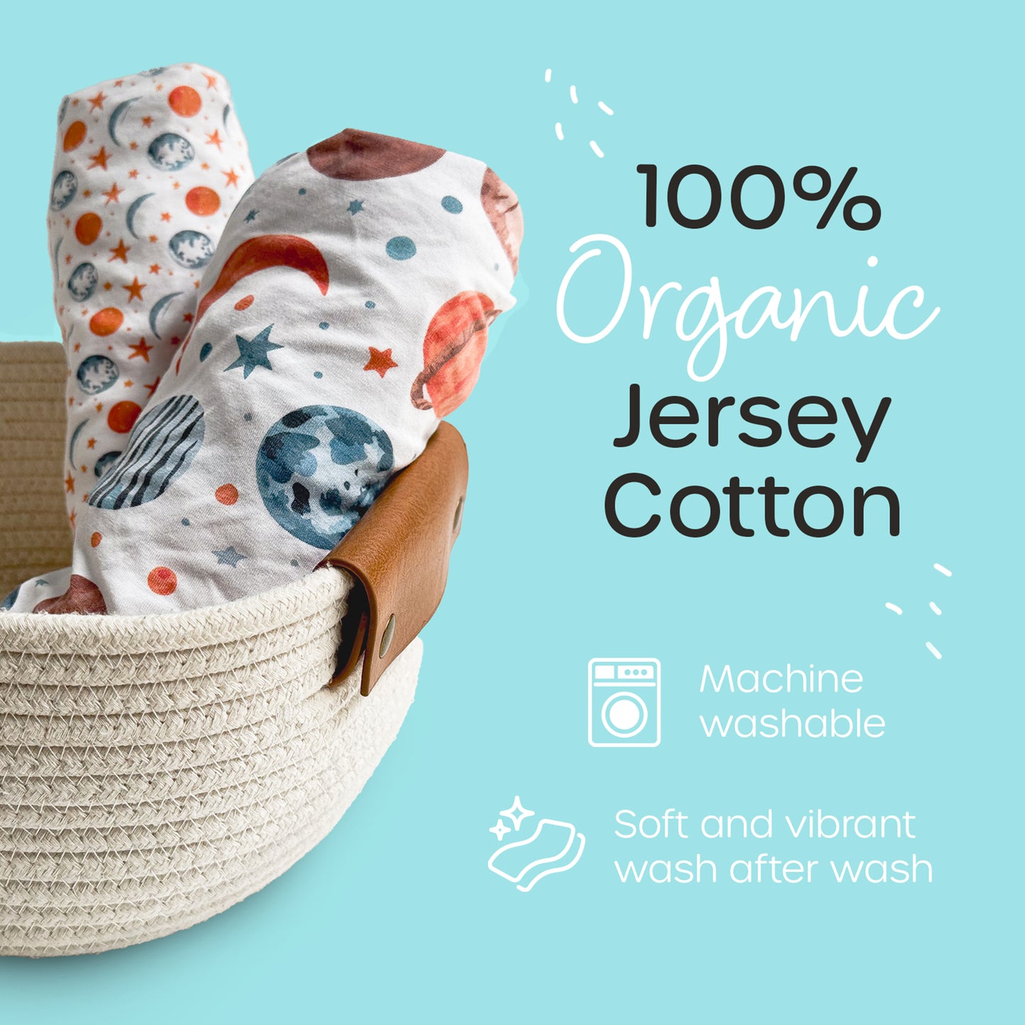 Rolled, beautifully patterned travel crib sheets made from 100% organic jersey cotton - soft, vibrant and machine washable.