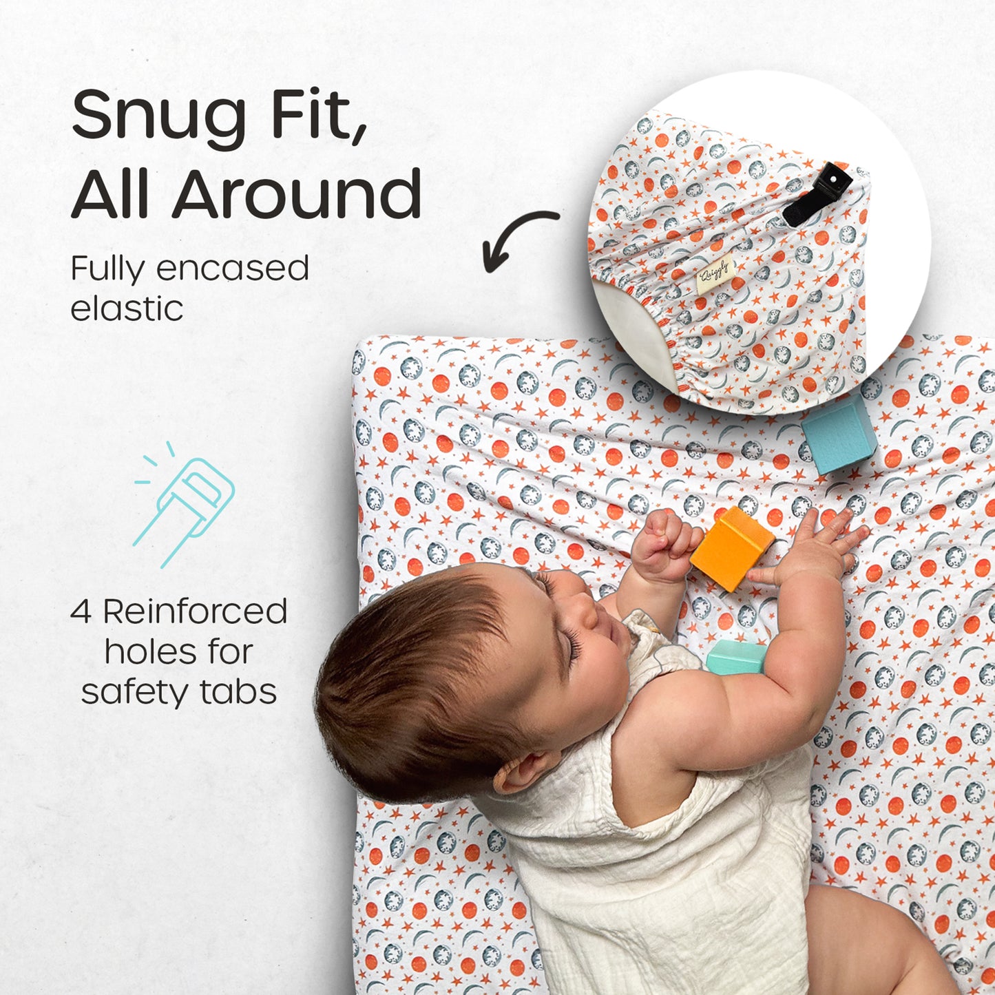 Crib sheet with snug fit for travel cribs, featuring fully encased elastic and reinforced safety tab holes for secure comfort
