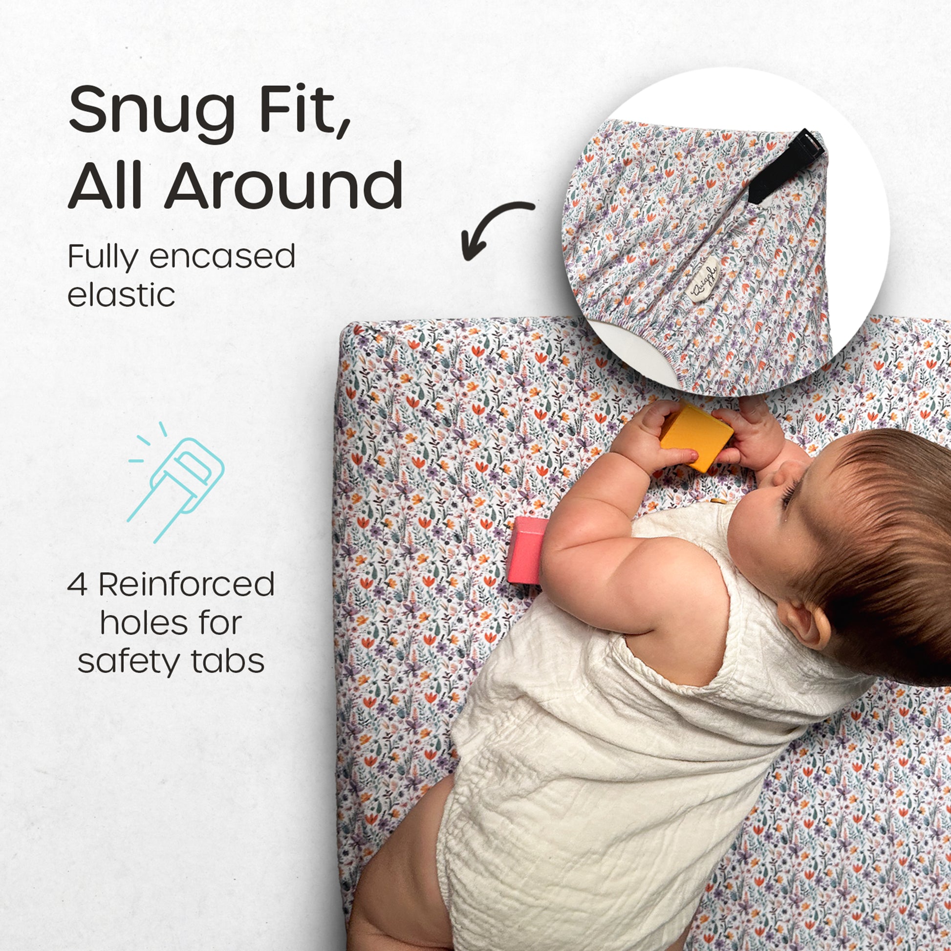 Crib sheet with snug fit for travel cribs, featuring fully encased elastic and reinforced safety tab holes for secure comfort