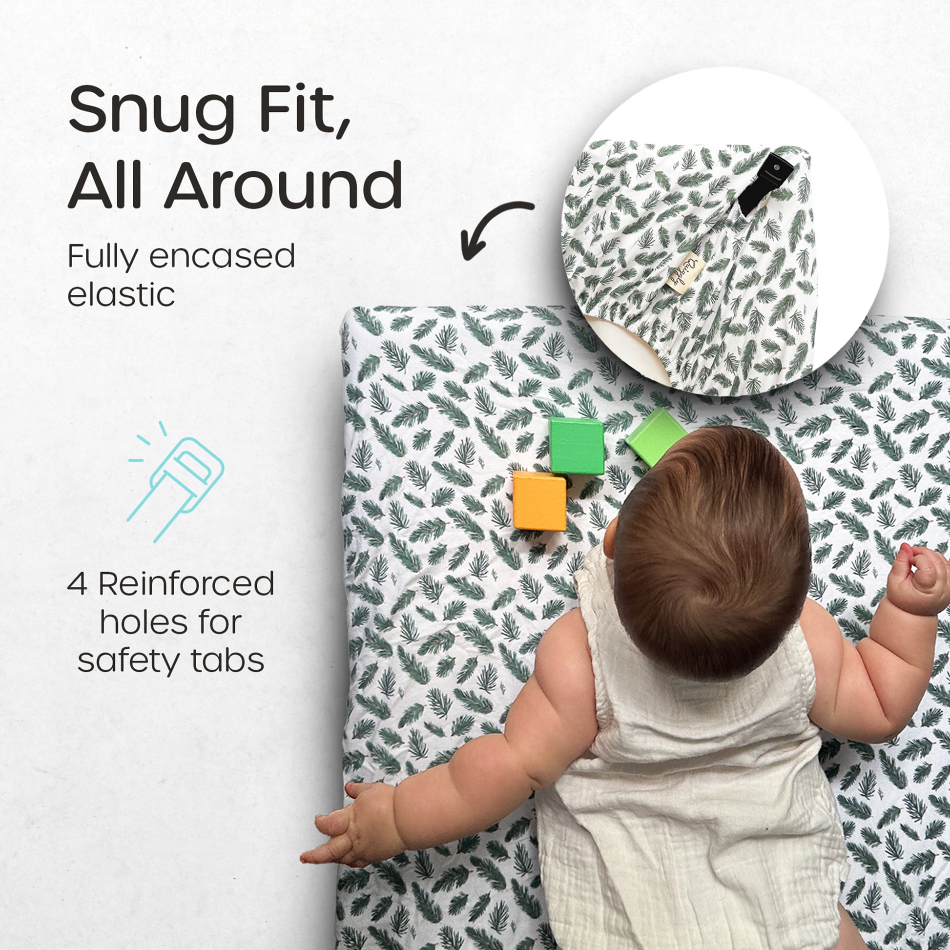 Crib sheet with snug fit for travel cribs, featuring fully encased elastic and reinforced safety tab holes for secure comfort