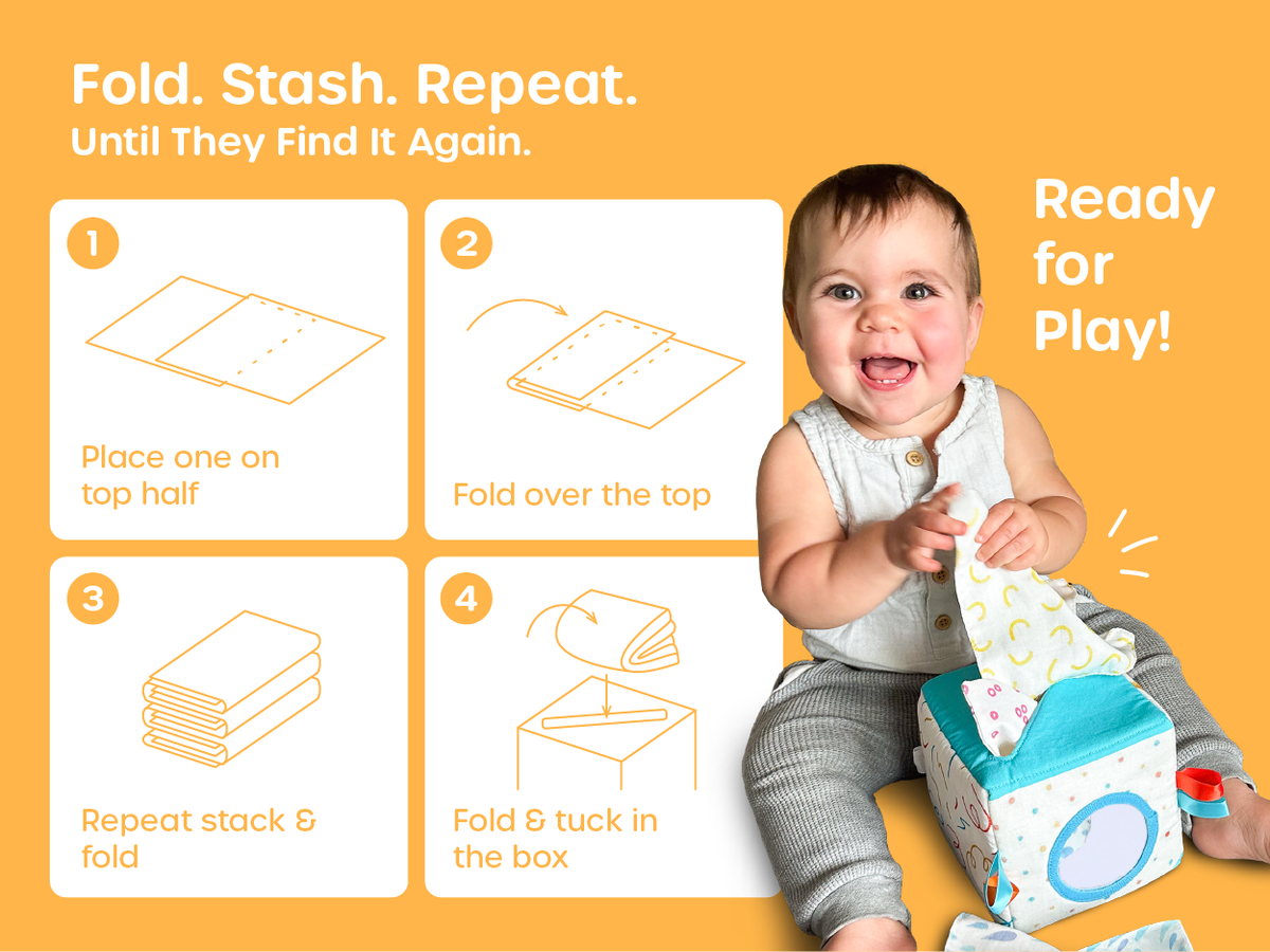 Tissue box folds easily to store all fabric tissues inside, allowing endless sensory play for curious babies