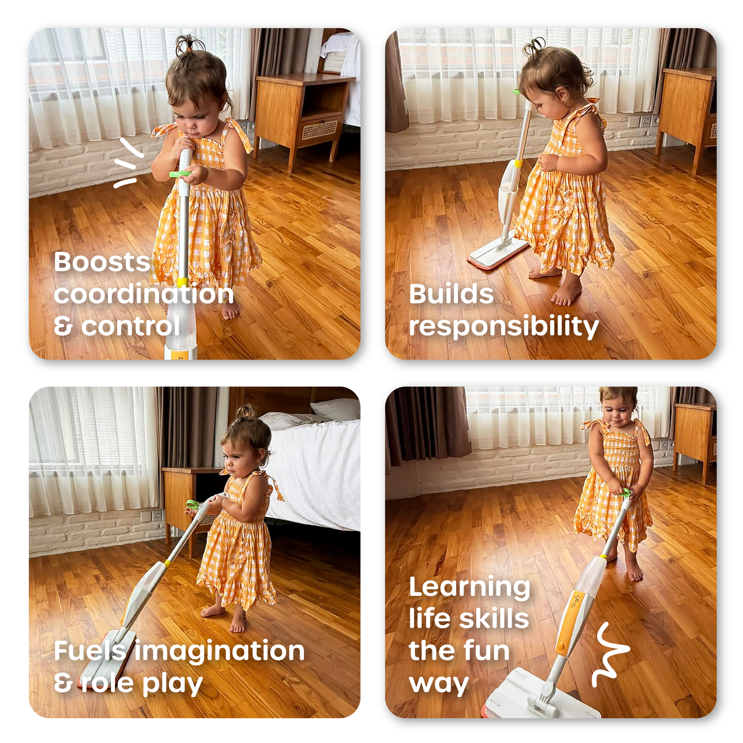 Toddler playing with a functioning spray mop can develop early motor, creativity & life skills