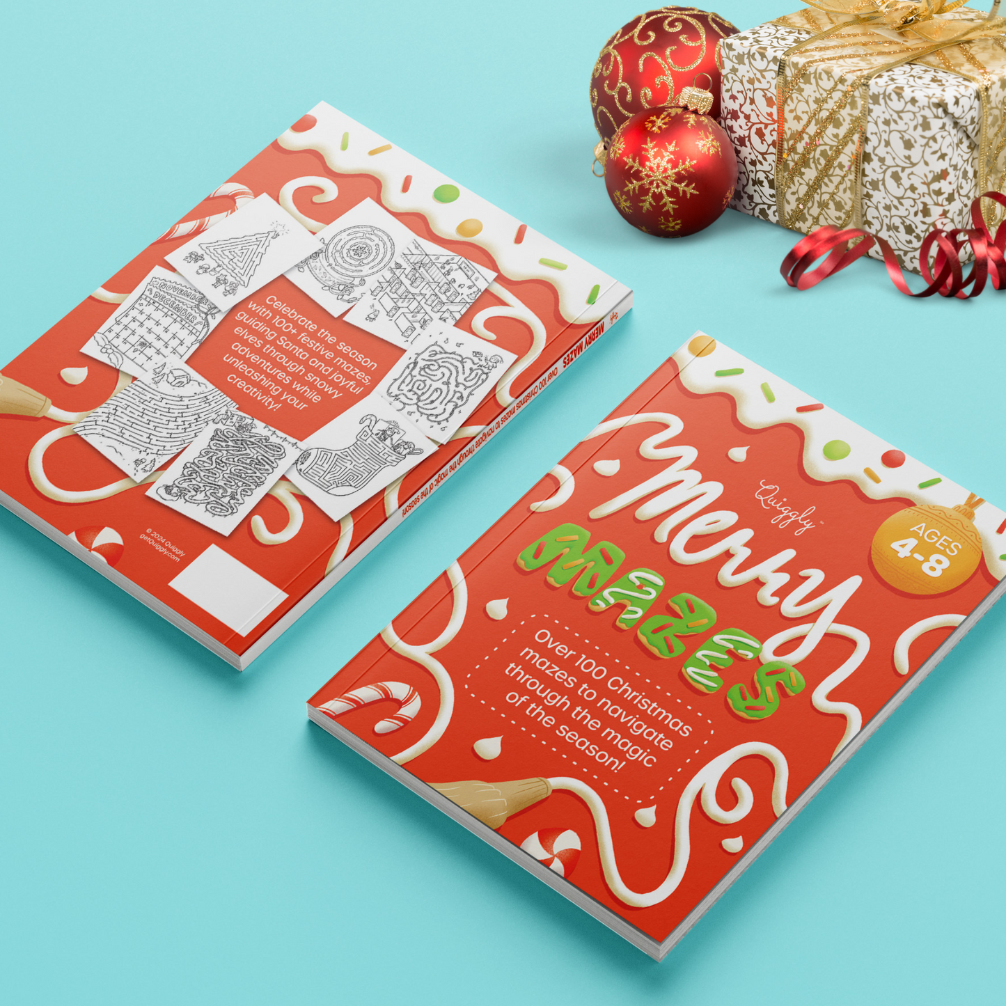 Quiggly Merry Mazes Christmas-themed activity book for kids ages 4–8 with 100+ festive mazes