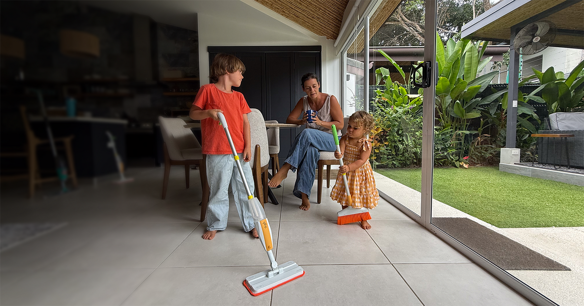 Kids broom and cleaning set sized for toddlers to sweep for real