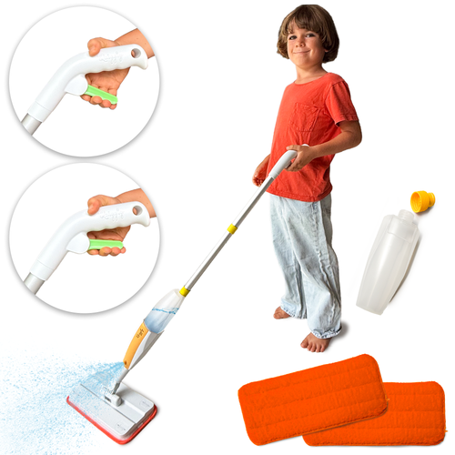 Big kid mop for kids 5-8 with components and insets on the single hand spray handle design. 
