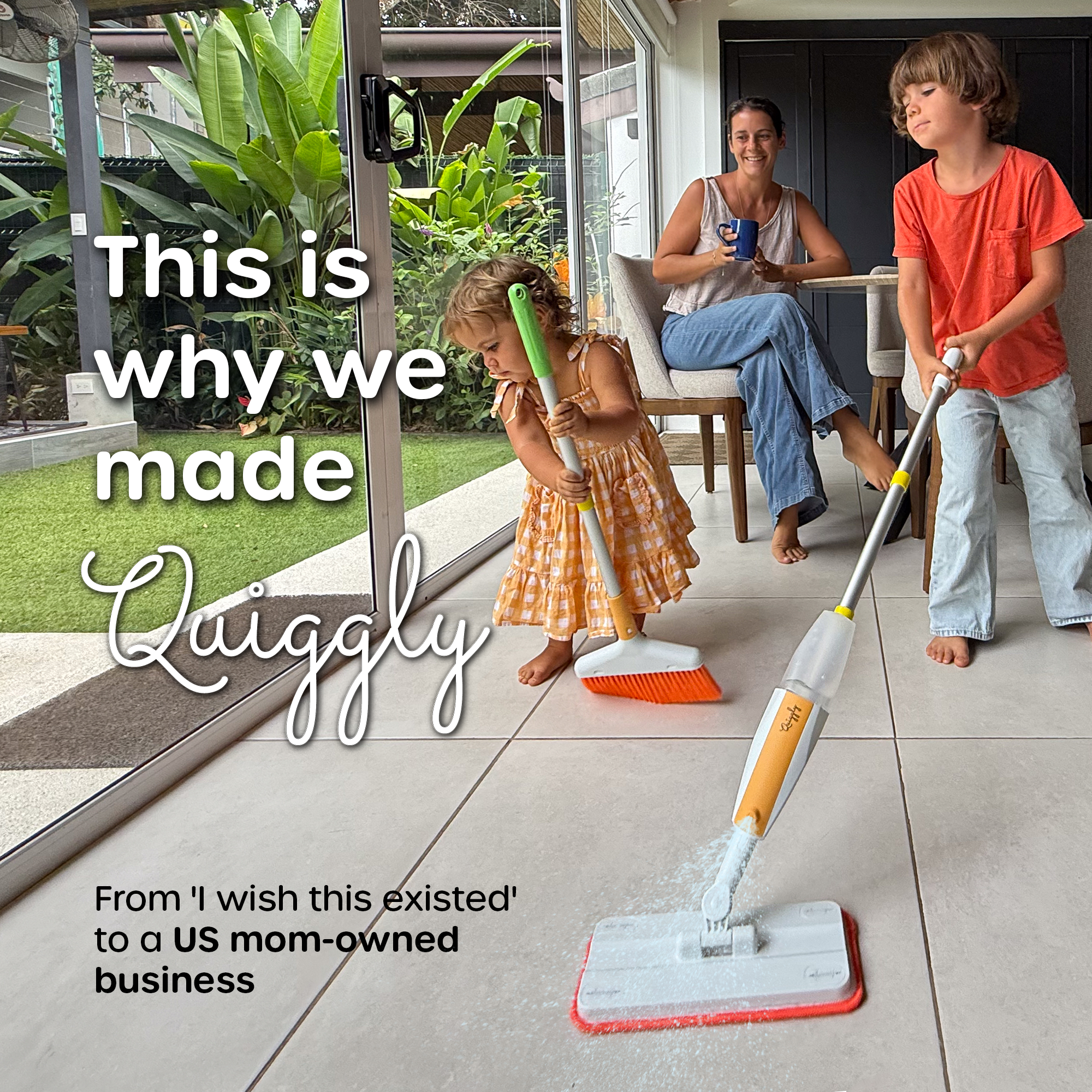 Quiggly founder and family with kids cleaning the floor, the story behind the US mom-owned kids cleaning brand