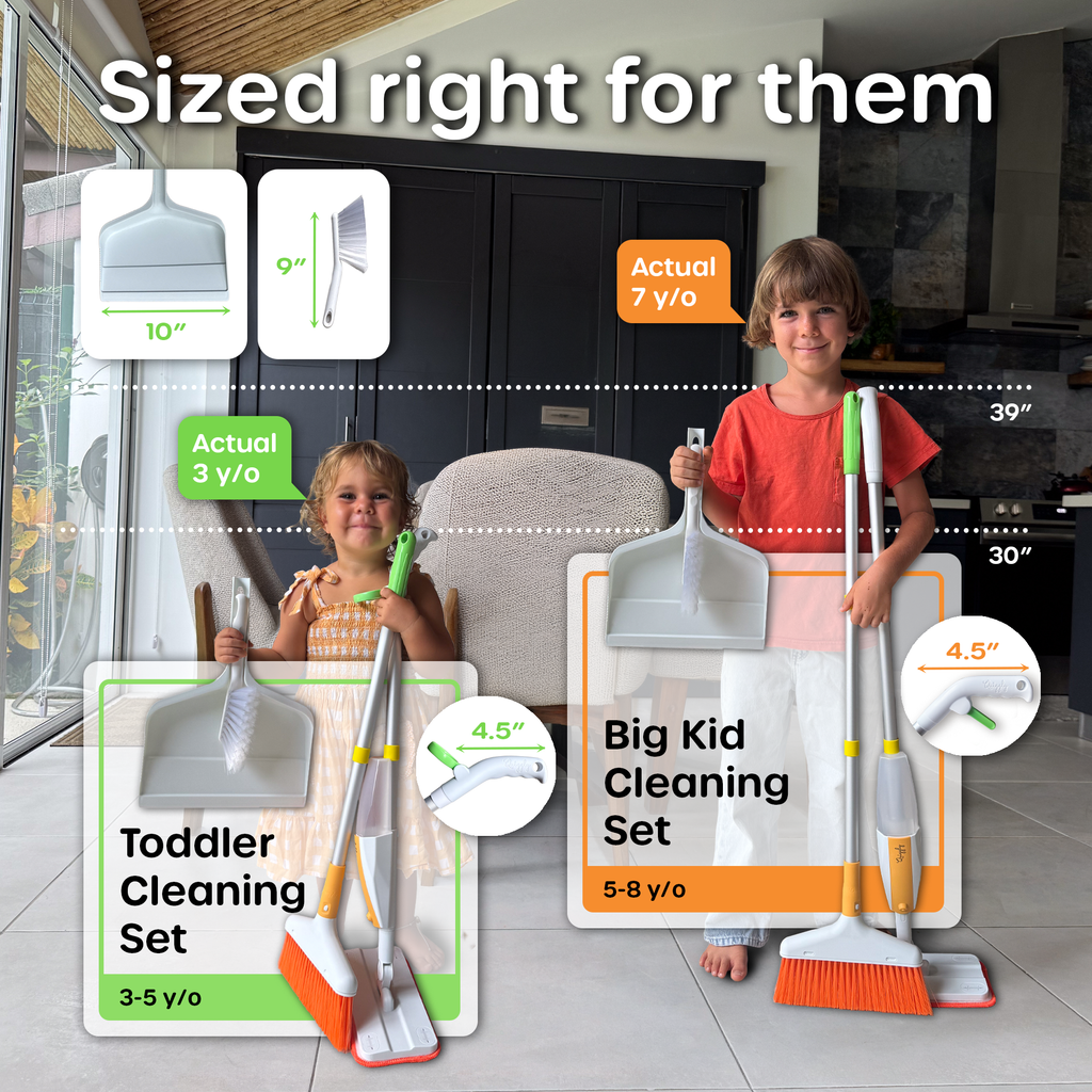 Children with cleaning sets labeled for different age groups and their heights and measurements in a home setting.