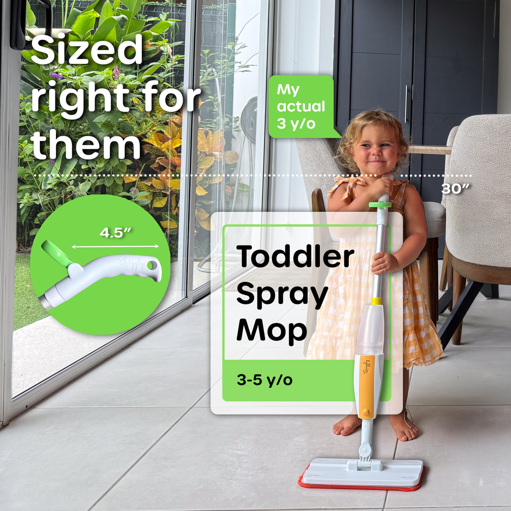 Quiggly toddler mop at 30 inches for ages 3–5 , shown to scale alongside real 3 year old child
