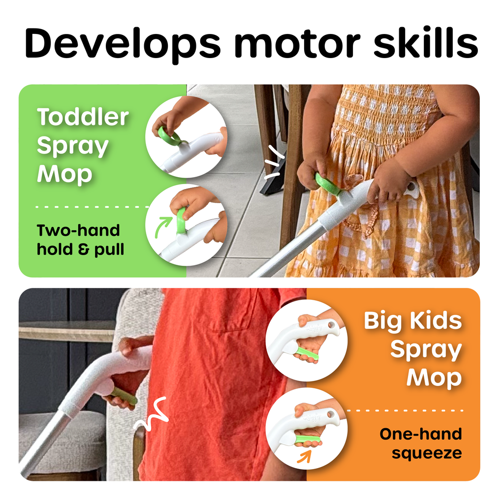 Spray mop for toddlers and big kids with text highlighting motor skill development.