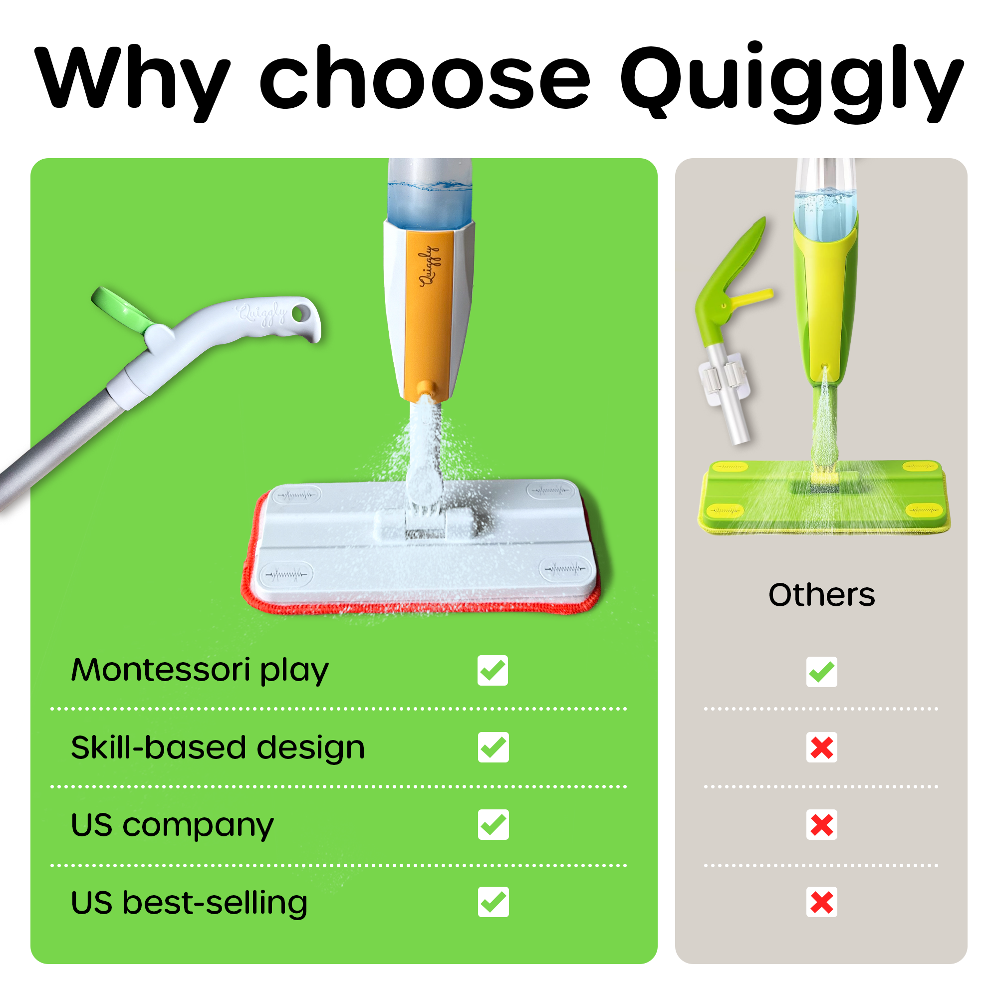 Quiggly kids spray mop vs competitor brands excelling in Montessori play, skill-based design, and US best-selling quality