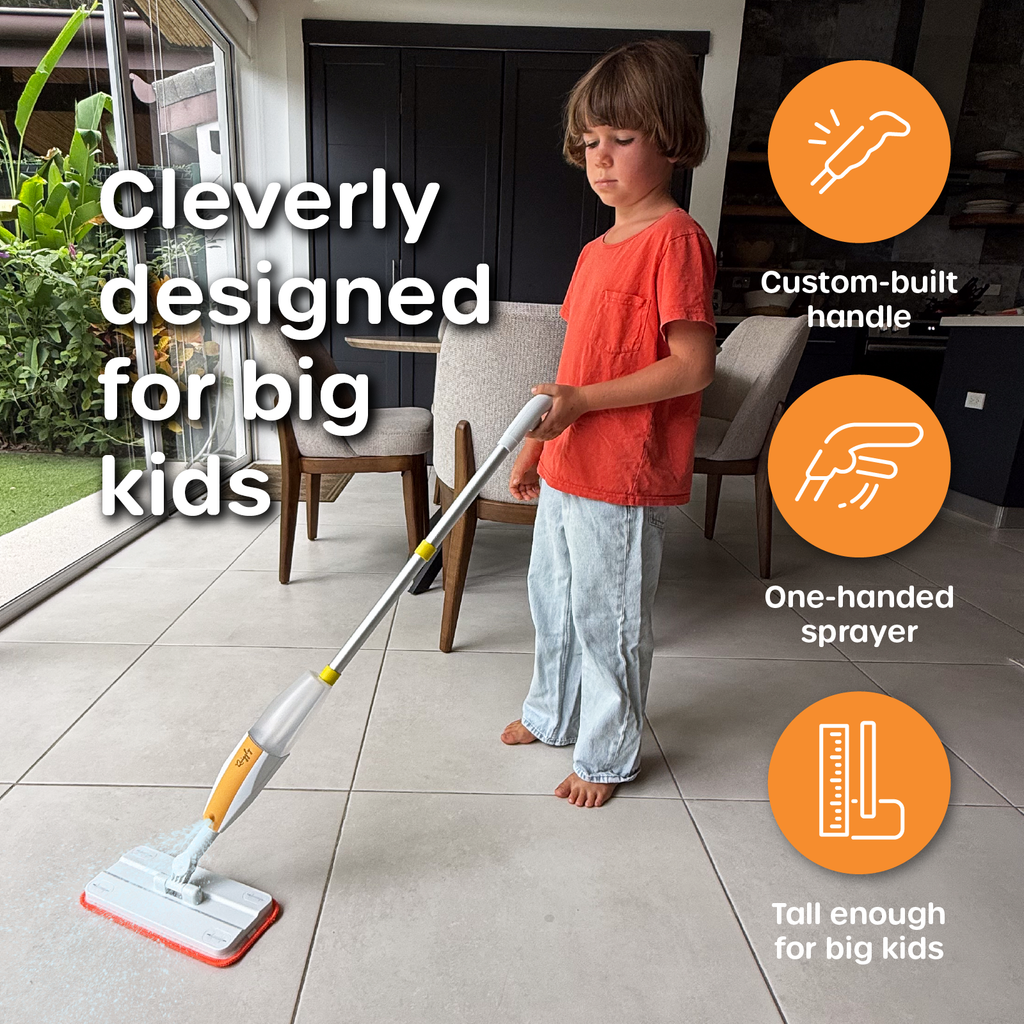 Child using a cleaning tool with text highlighting features like a custom-built handle, one-handed sprayer, and height for big kids.