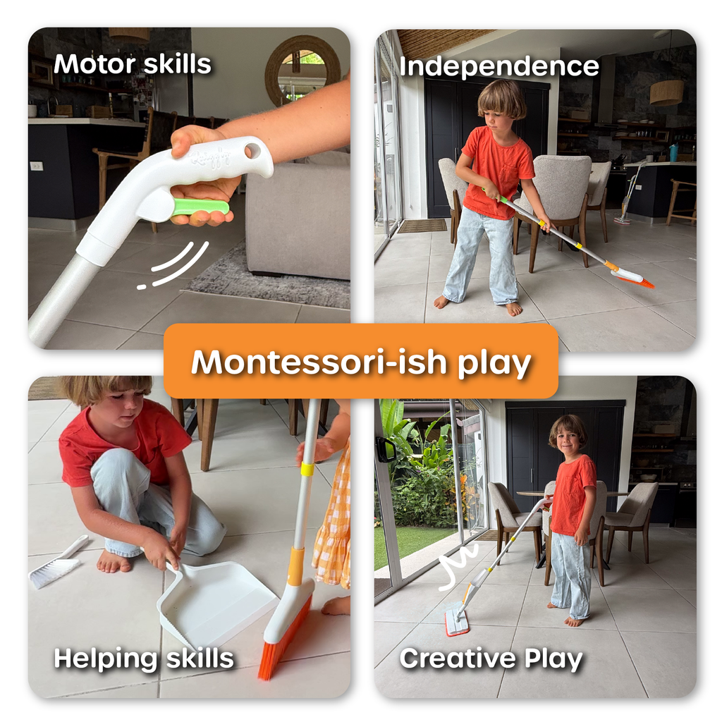 Collage of a child using cleaning tools with text highlighting motor skills, independence, Montessori-ish play, helping skills, and creative play.