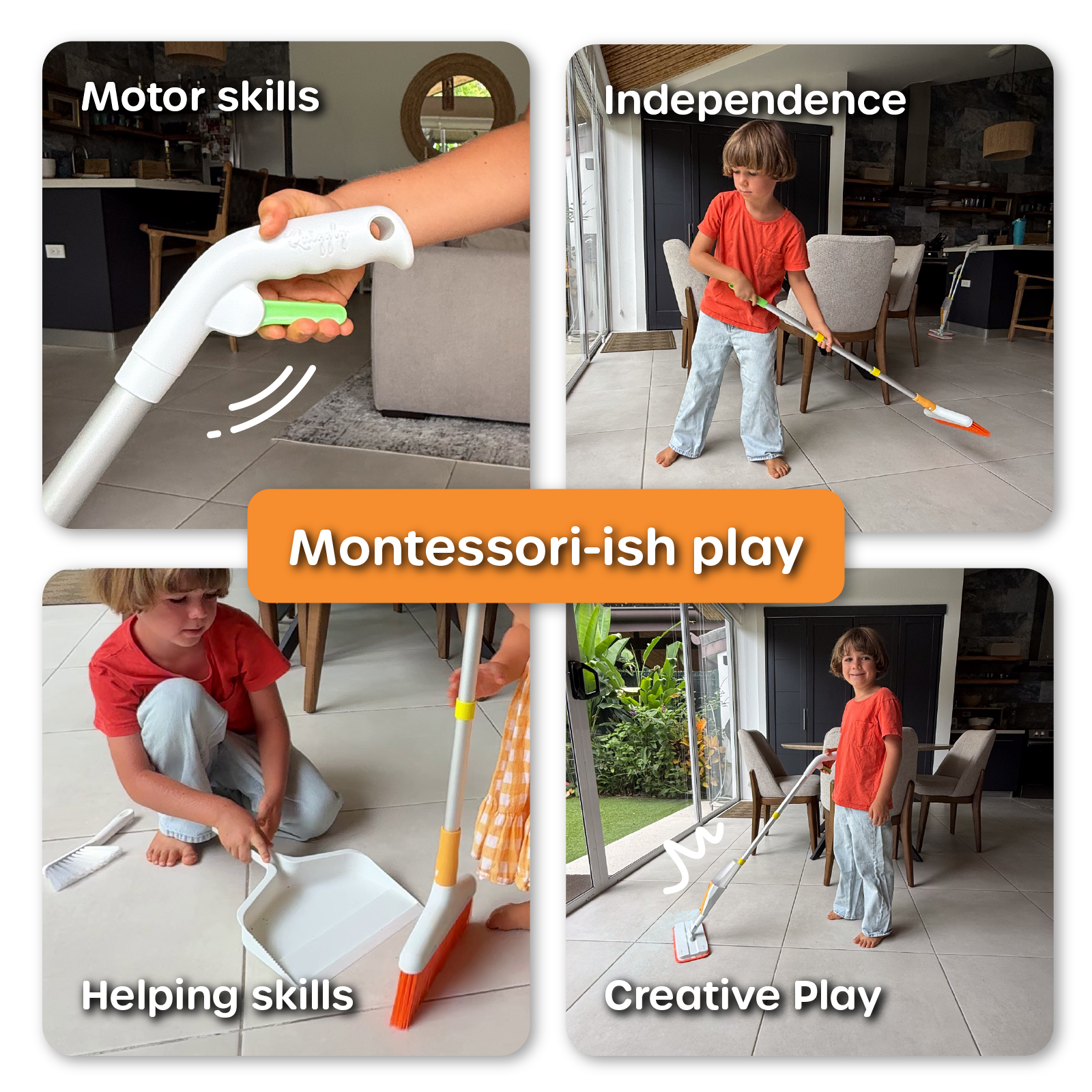Collage of a child using cleaning tools with text highlighting motor skills, independence, Montessori-ish play, helping skills, and creative play.
