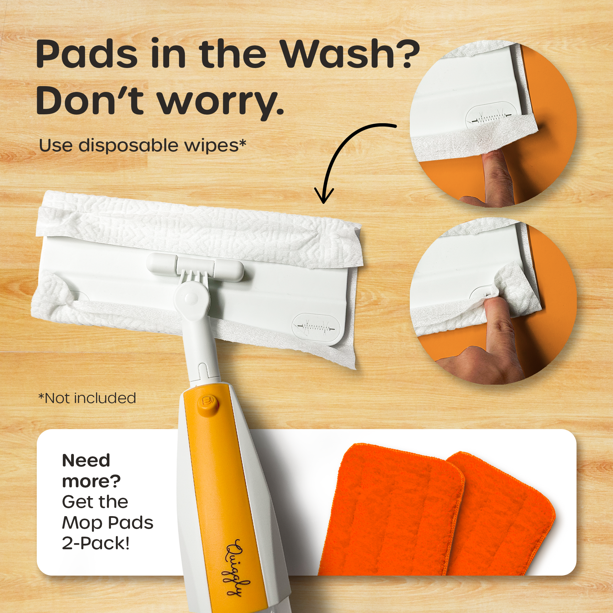 Cleaning tool with disposable wipes and mop pads on a wooden surface