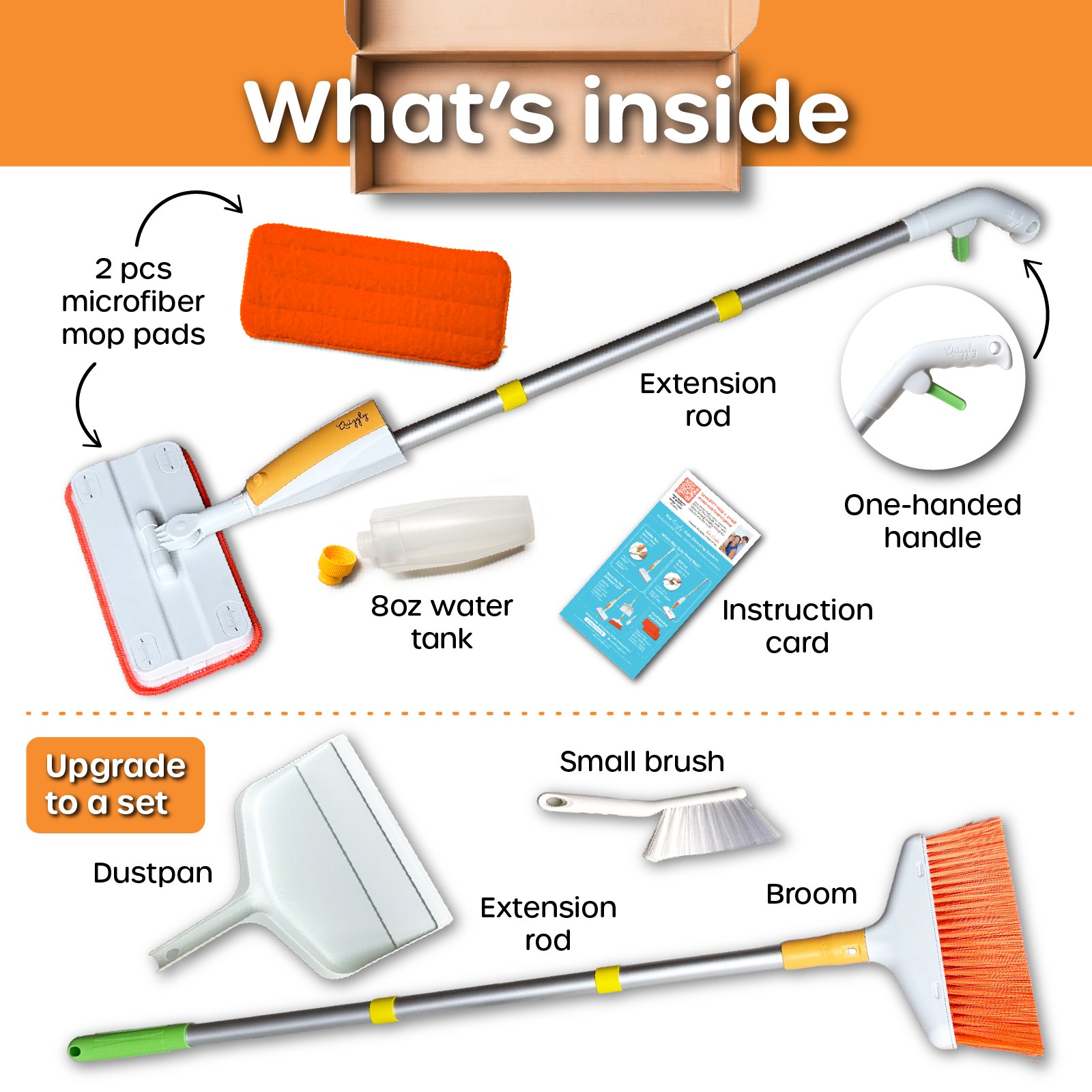 Big kids cleaning tool set with components labeled on an orange background