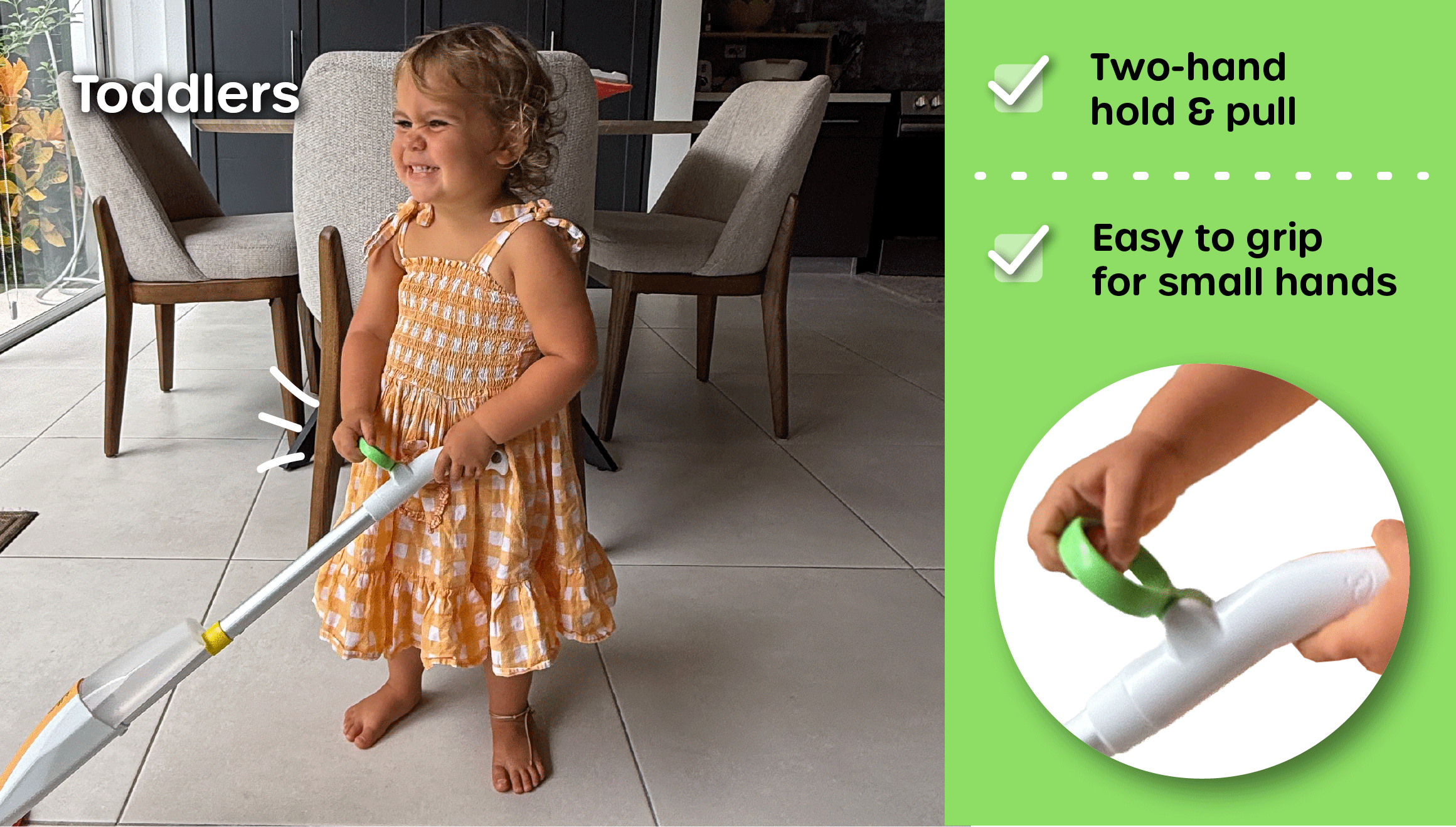 Quiggly toddler-size real spray mop with two-hand hold-and-pull handle and easy-grip design for small hands