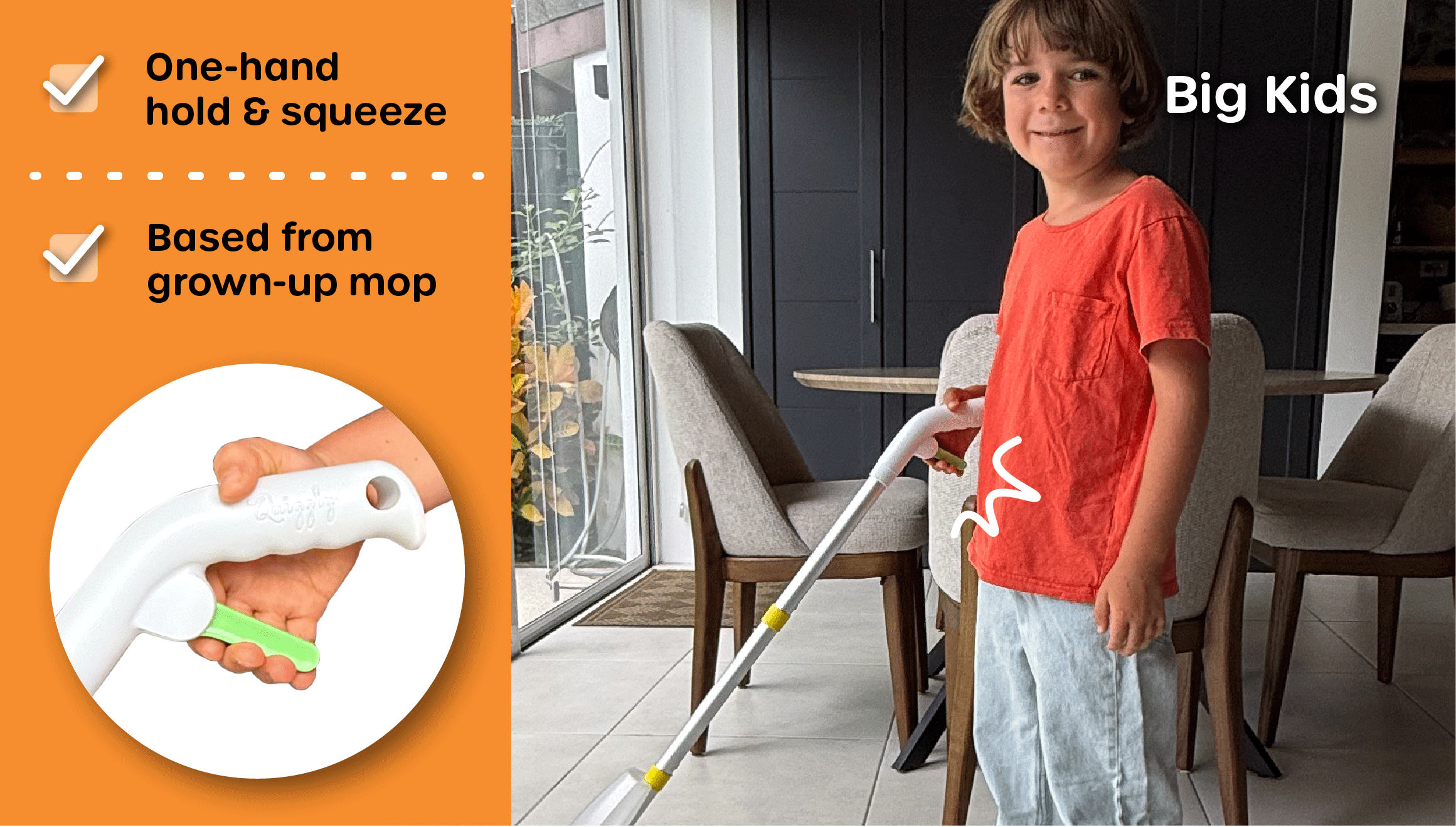 Quiggly big kids functioning spray mop with one-hand squeeze handle, inspired by full-size grown-up mops