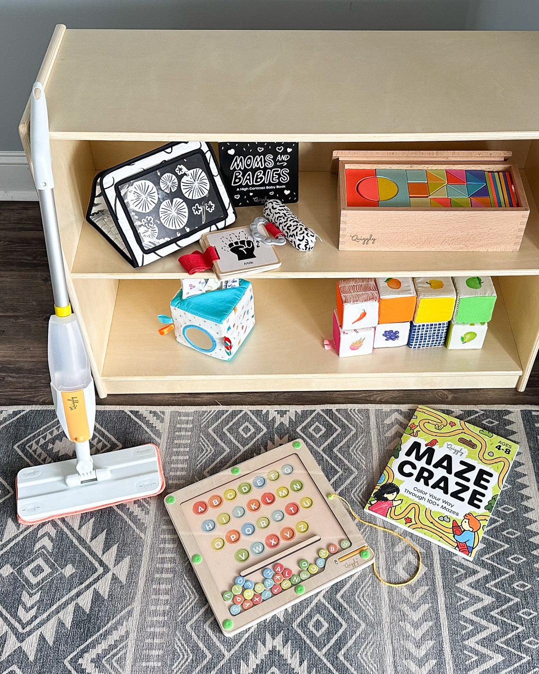 A play area full of Montessori-inspired toys from Quiggly