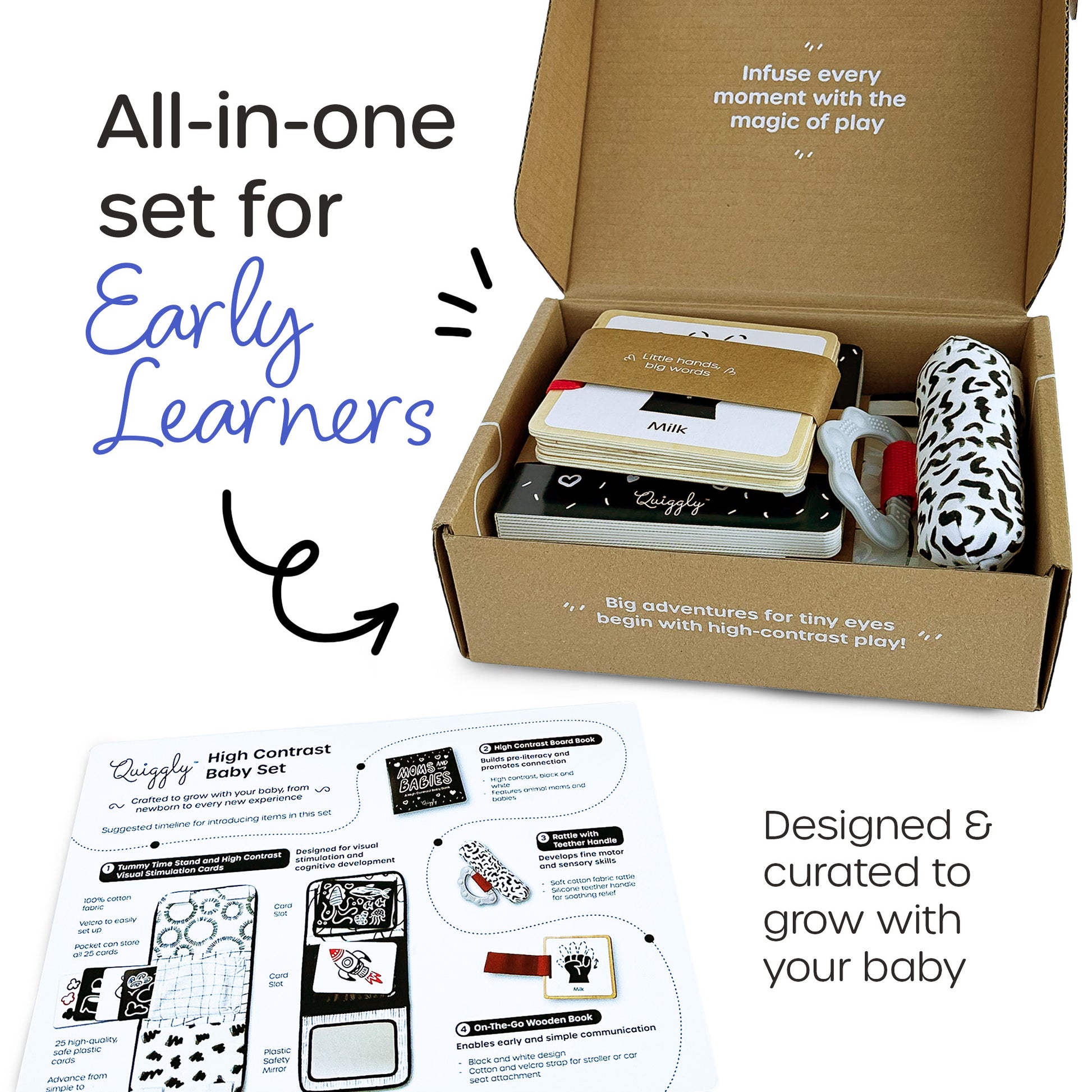 5-in-1 high contrast toy set for newborns, designed to support early sensory and cognitive development