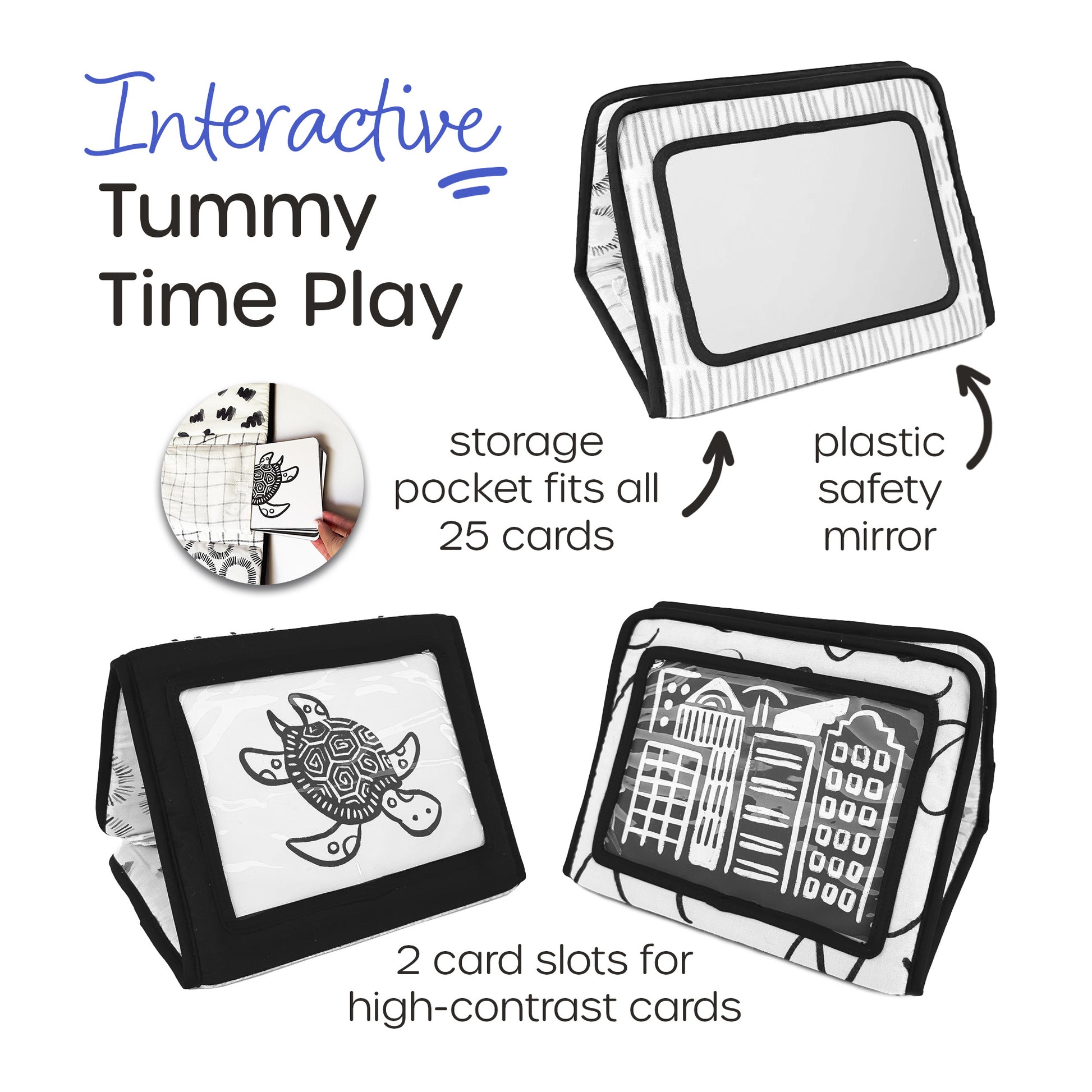 Tummy time stand with card slots, baby-safe mirror, and storage pocket for 25 high contrast flashcards