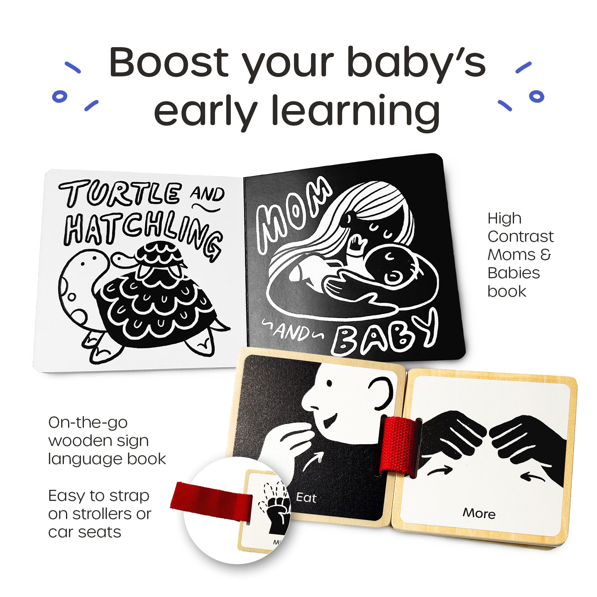 Includes board book and wooden sign language book for pre-literacy and communication development