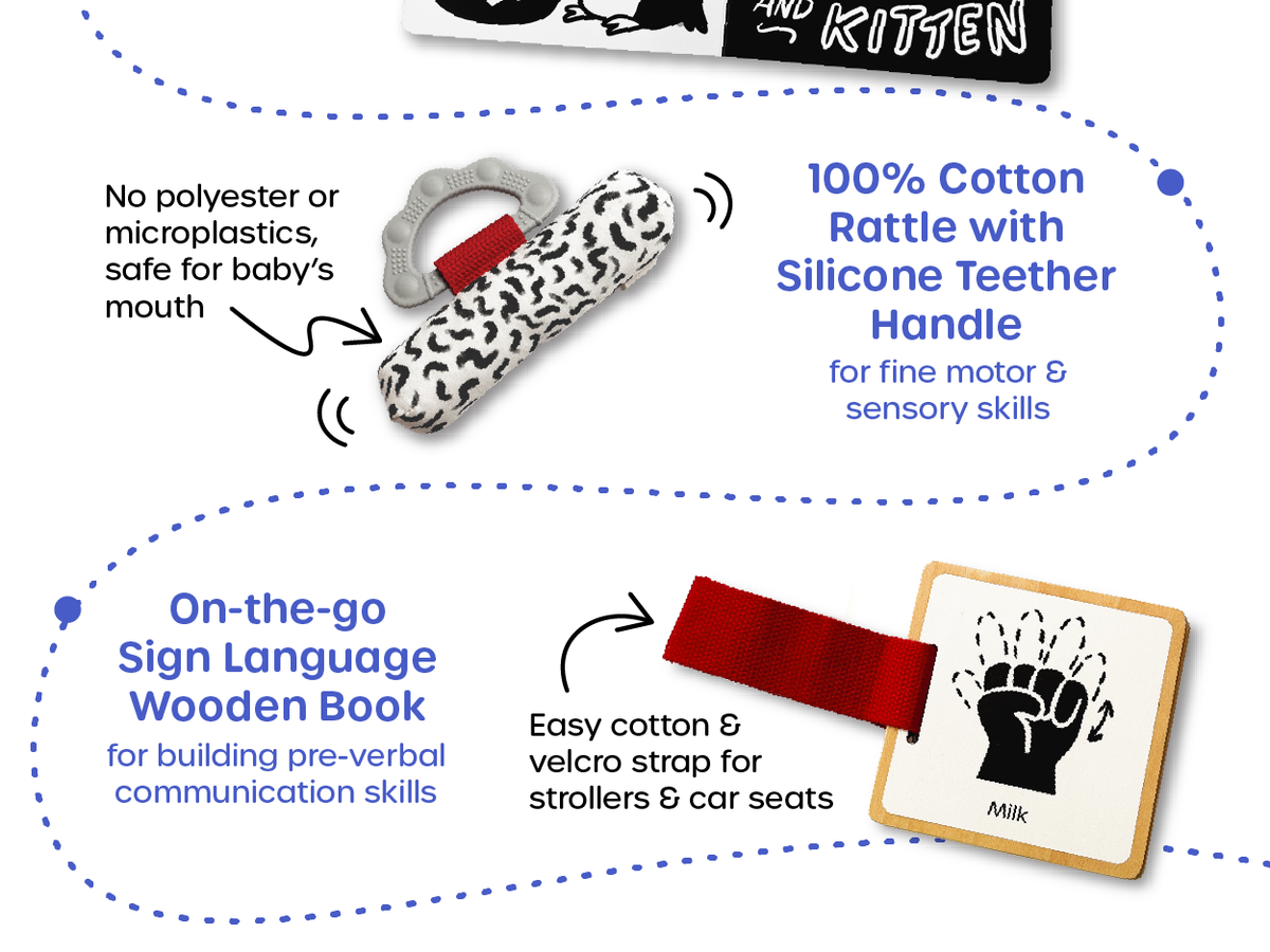 Also comes with a black and white baby board book, wooden sign language book, and soft rattle with silicone teether