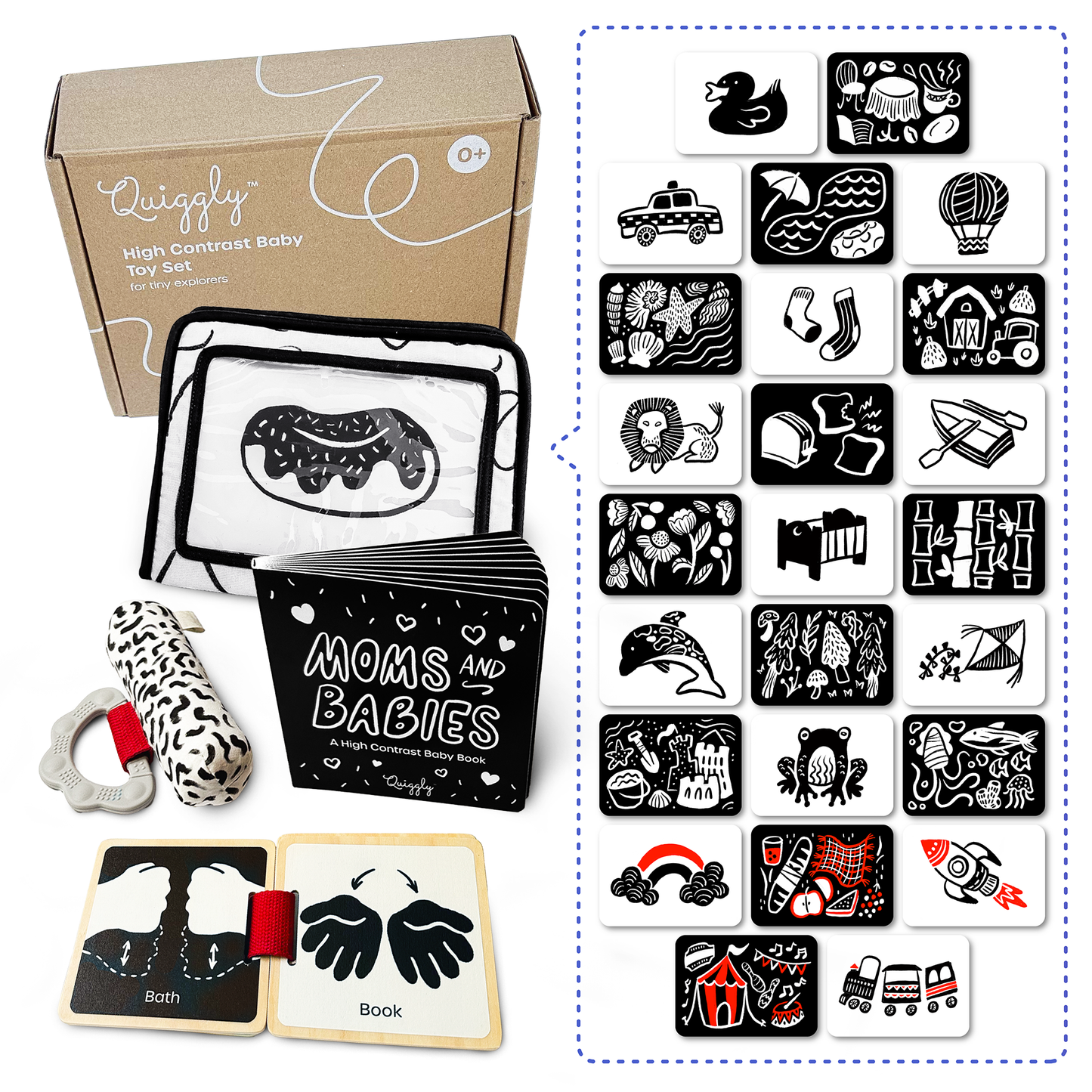 5-in-1 High-Contrast Newborn Toy Set with 25 included flashcards for sensory and developmental play