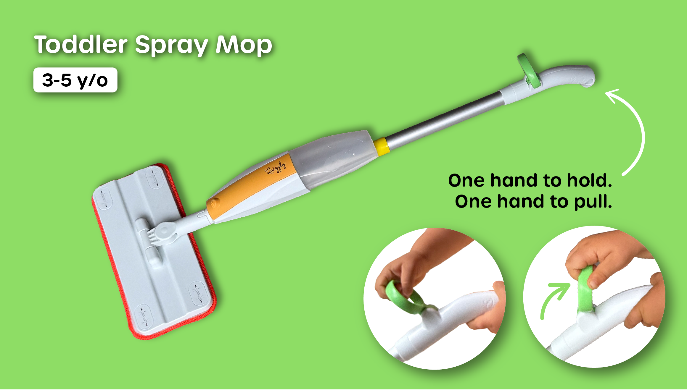 Quiggly toddler spray mop for ages 3–5 designed to develop two-hand motor skills with one hand to hold and one hand to pull
