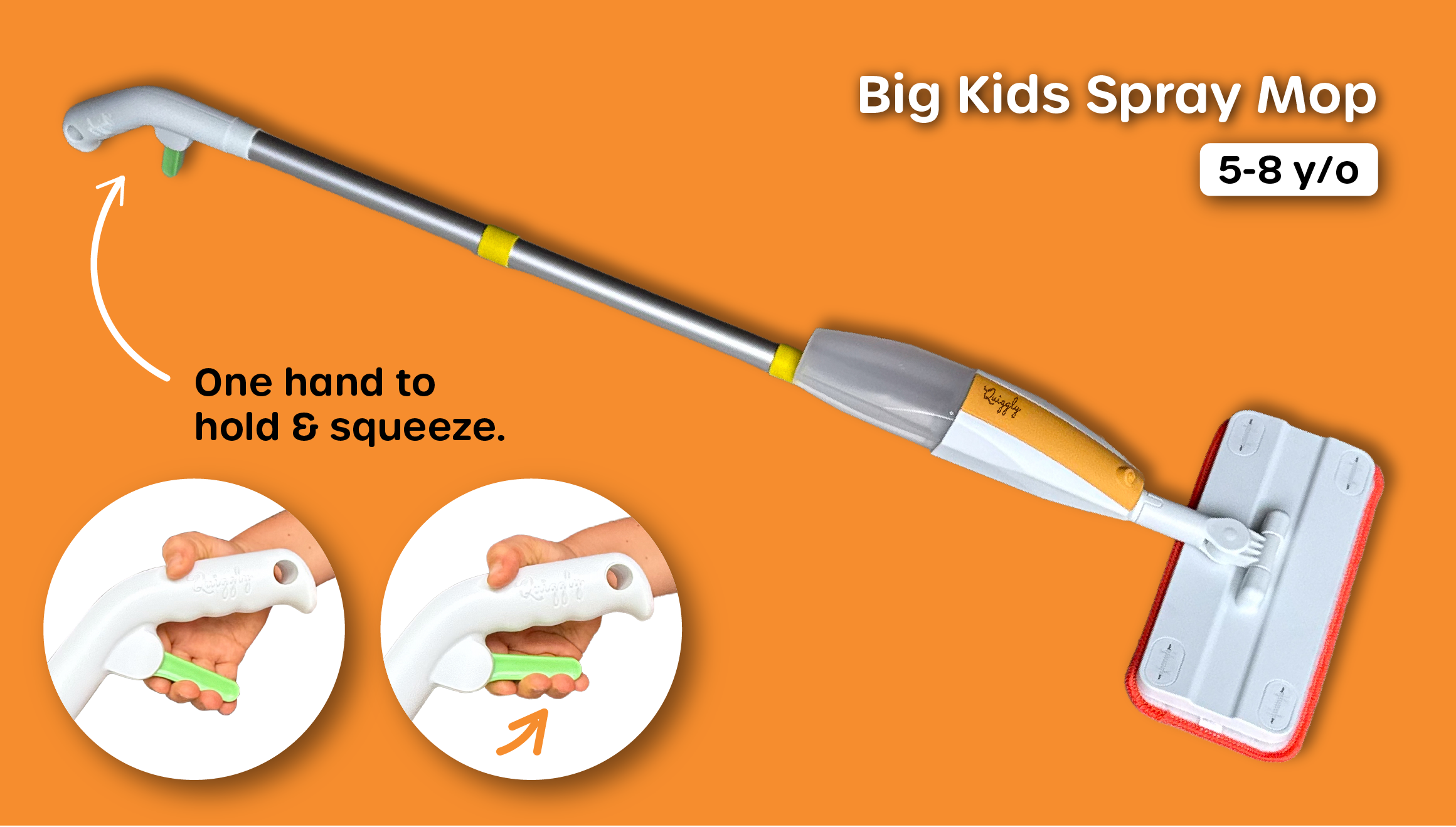 Quiggly big kid spray mop for ages 5-8 designed to develop one-hand motor skills with one hand to hold and squeeze