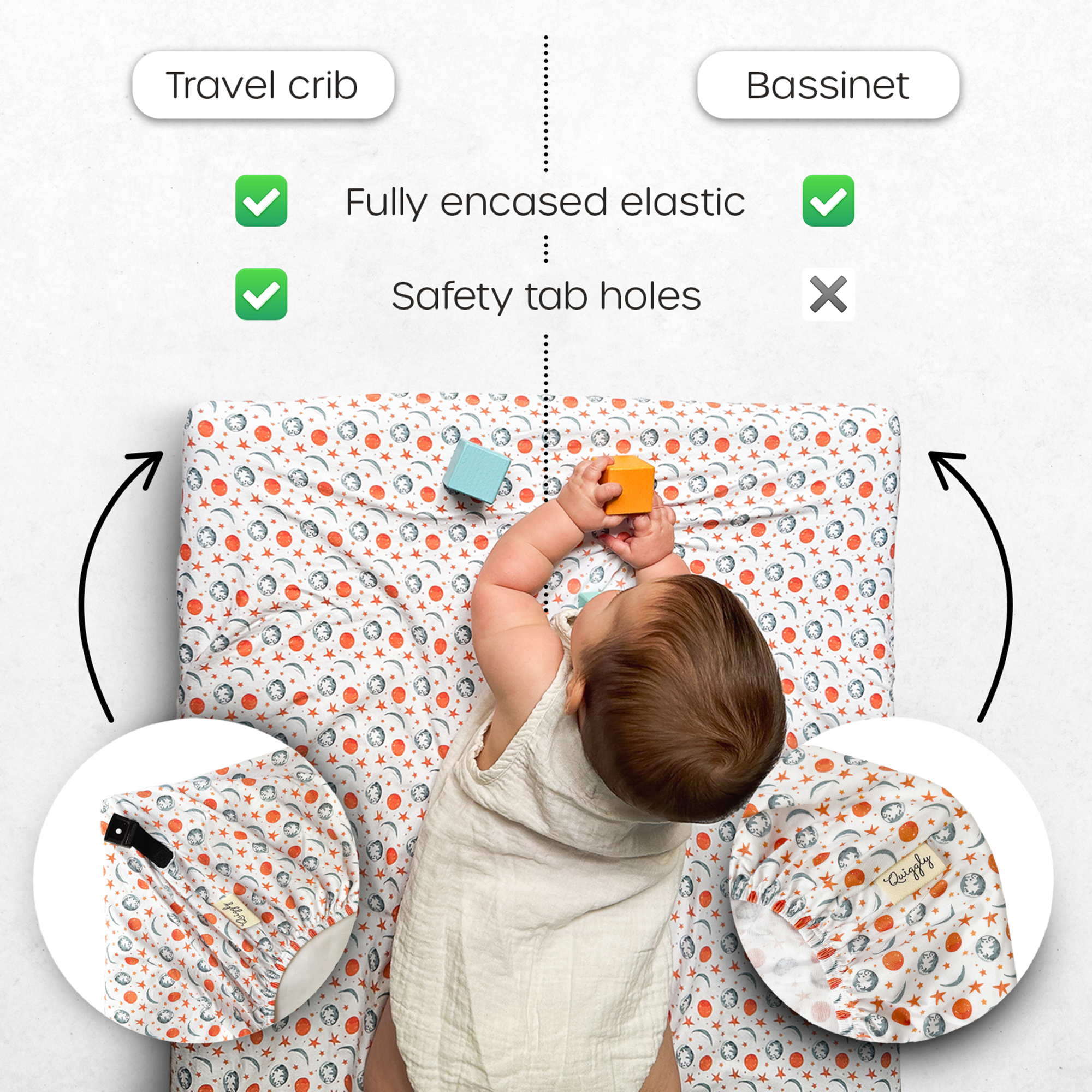 Crib sheet with snug fit for bassinet and travel cribs, featuring fully encased elastic and reinforced safety tab holes for secure comfort