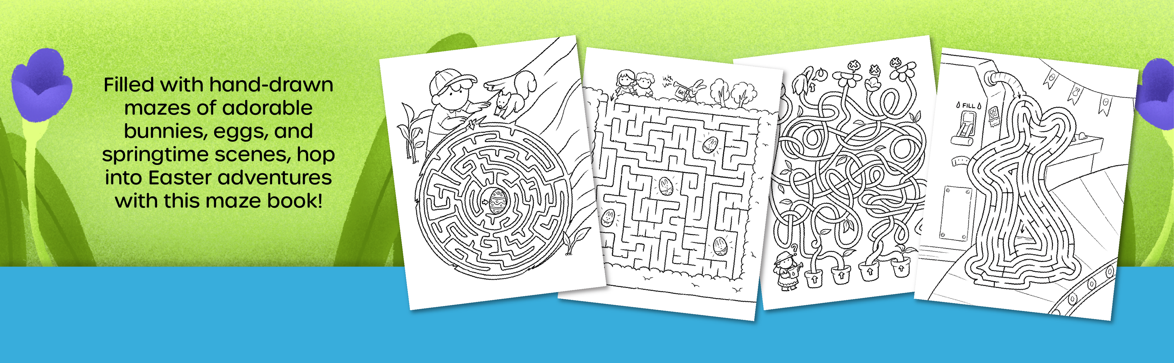 Features hand-drawn mazes with cute Easter characters and springtime scenes for seasonal fun