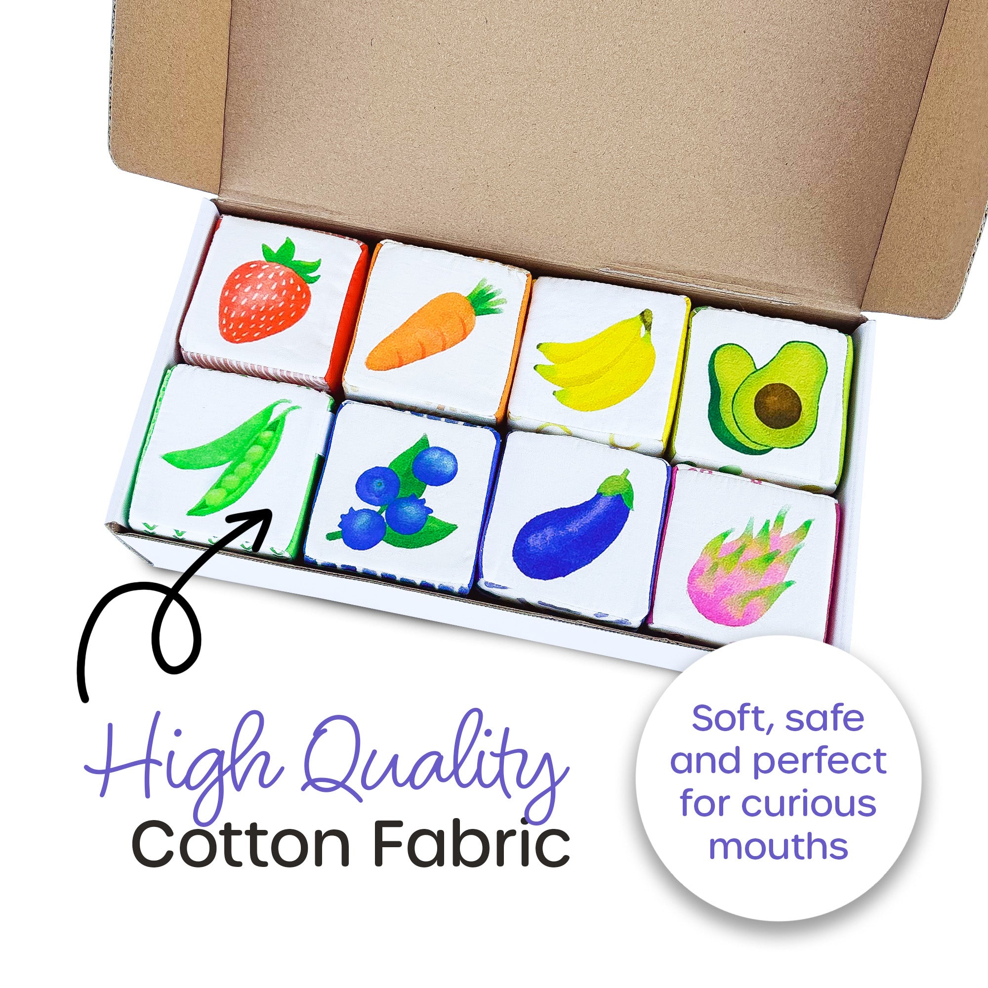 Rainbow soft fabric baby block set made from high-quality cotton, safe for teething and curious mouths