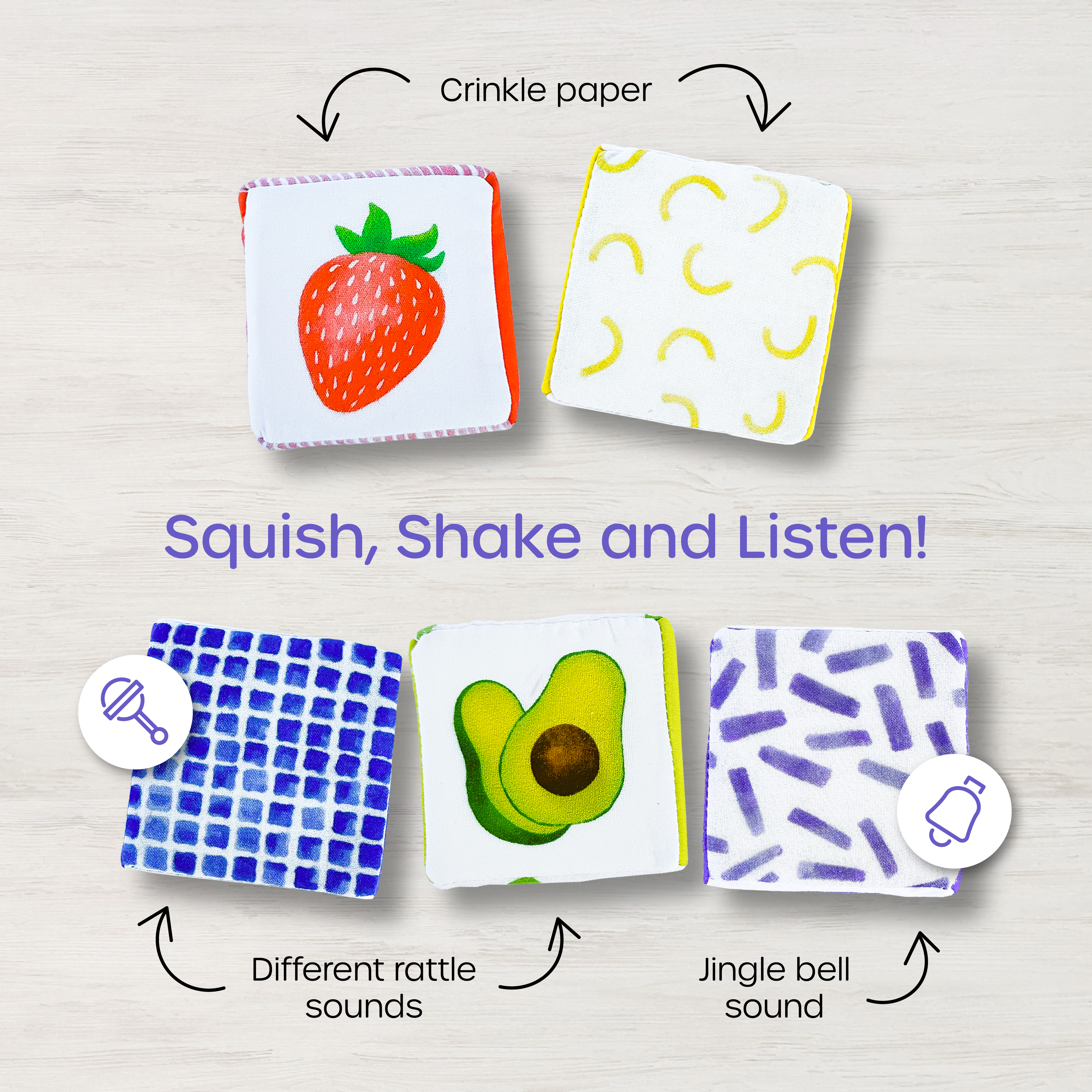 Sensory-rich baby blocks with crinkle, rattle, and jingle sounds for interactive play