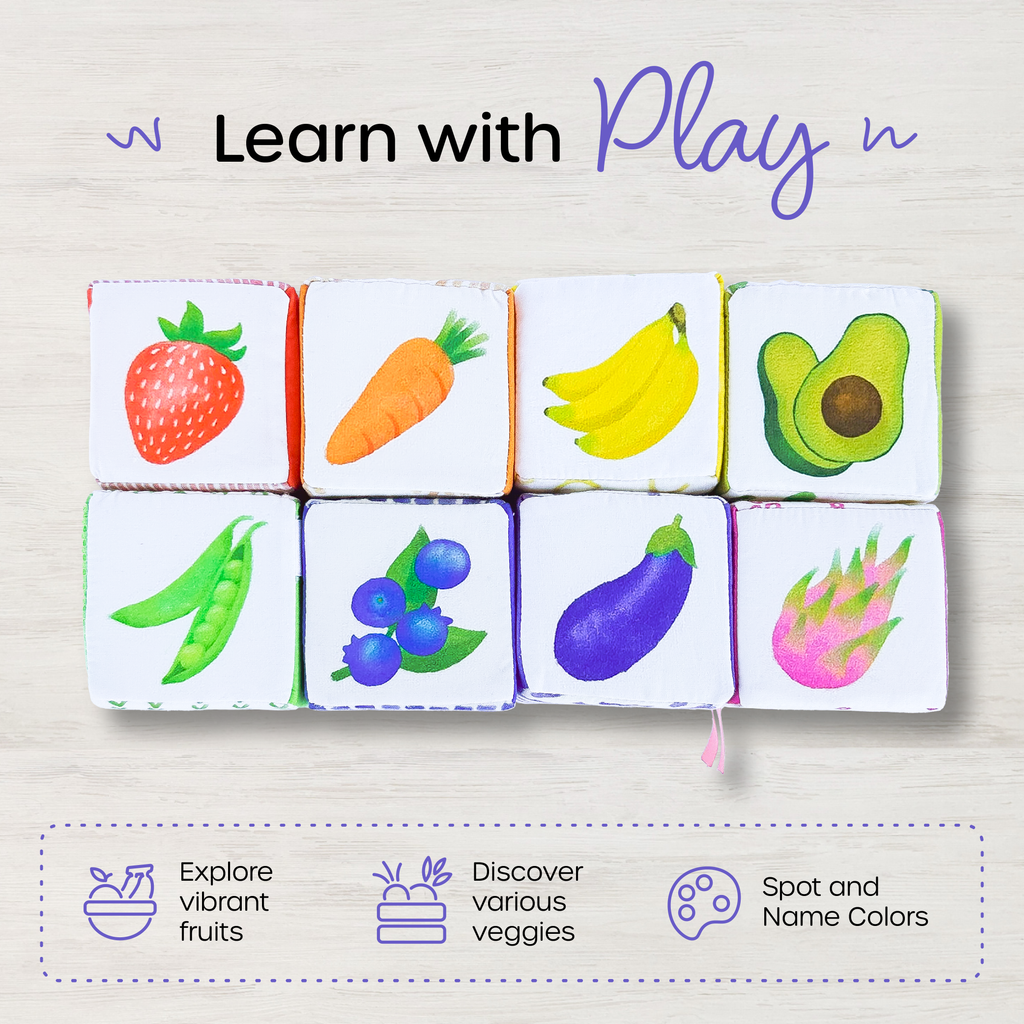 Soft baby blocks designed to teach colors, fruits, and vegetables through playful learning