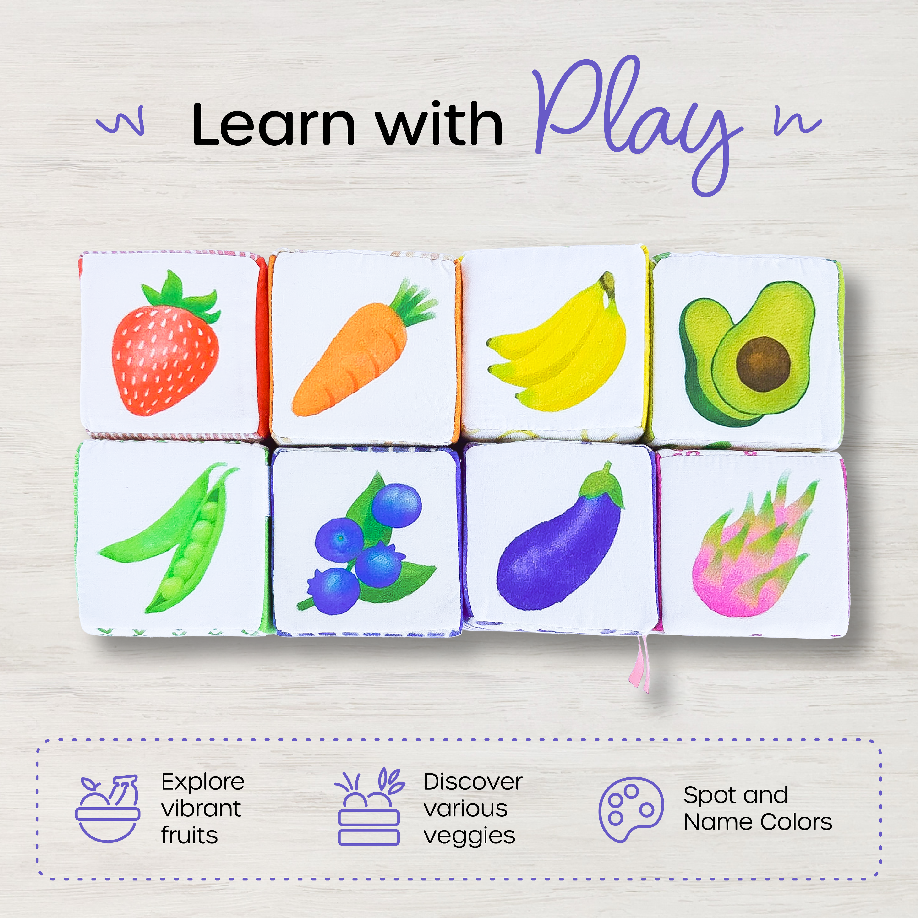 Soft baby blocks designed to teach colors, fruits, and vegetables through playful learning