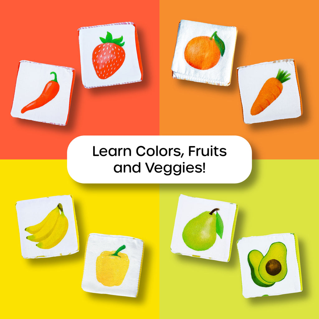 Fabric baby blocks labeled by color groups: red, orange, yellow, yellow-green for early color recognition